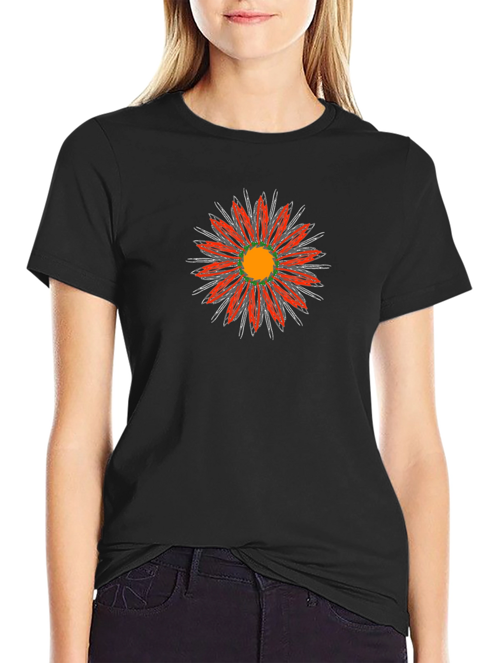 Black T-Shirt with Red Floral Graphic