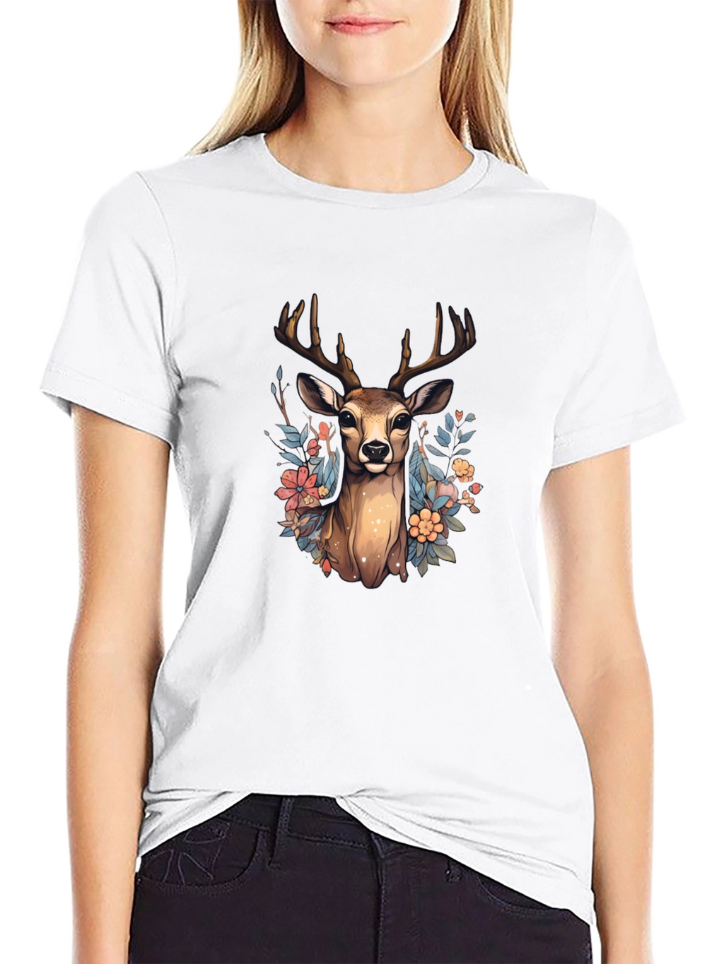 Floral Deer Graphic Tee - Nature Inspired T-Shirt
