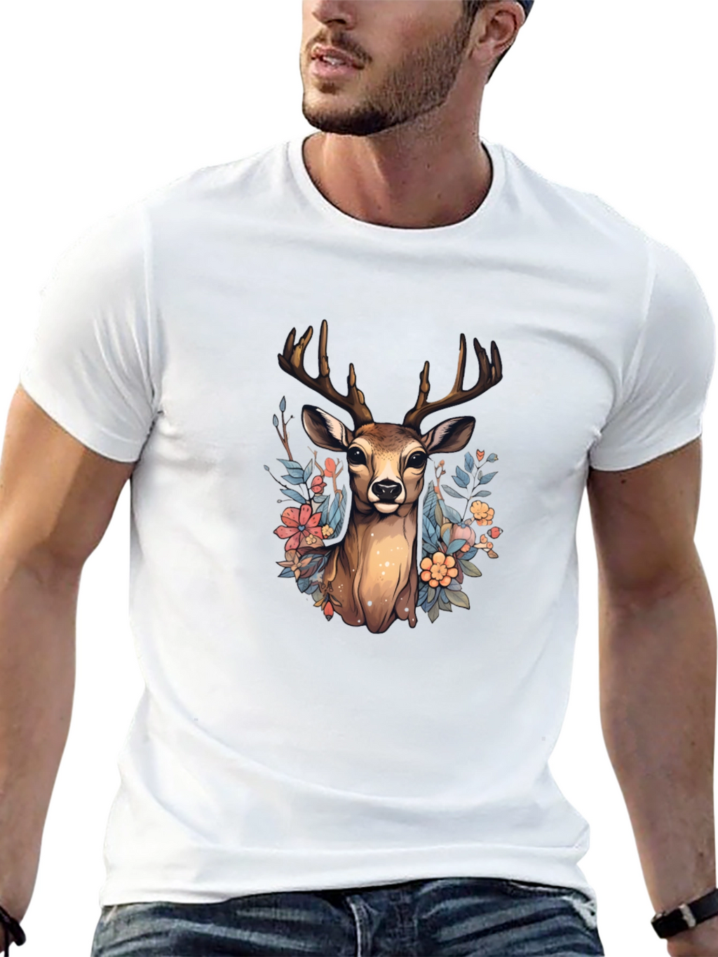 Floral Deer Graphic Tee - Nature Inspired T-Shirt