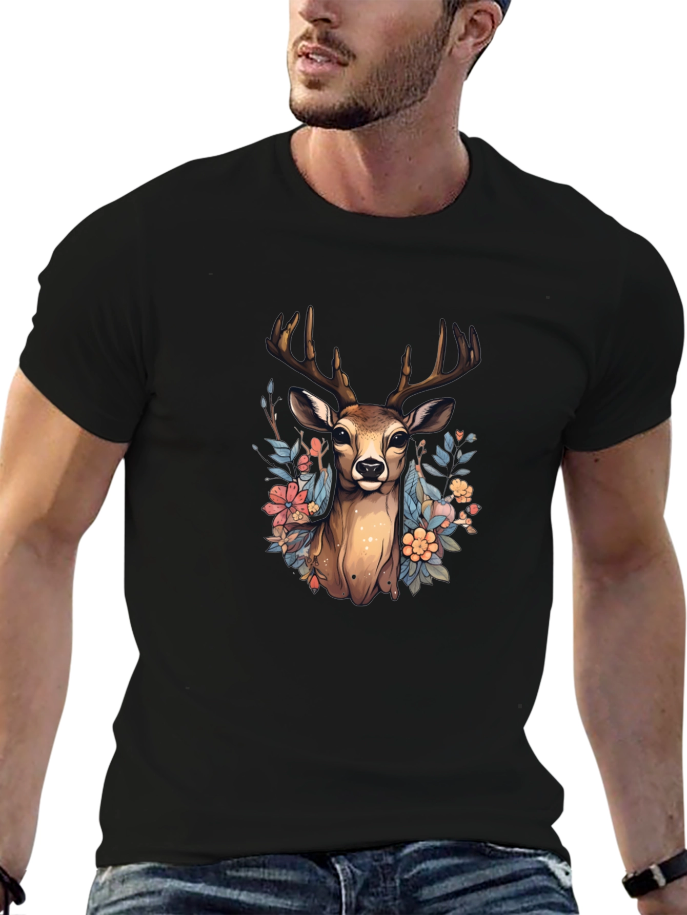 Floral Deer Graphic Tee - Nature Inspired T-Shirt