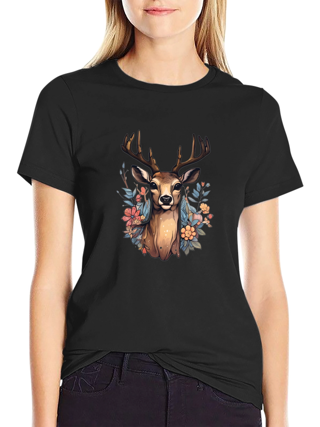 Floral Deer Graphic Tee - Nature Inspired T-Shirt