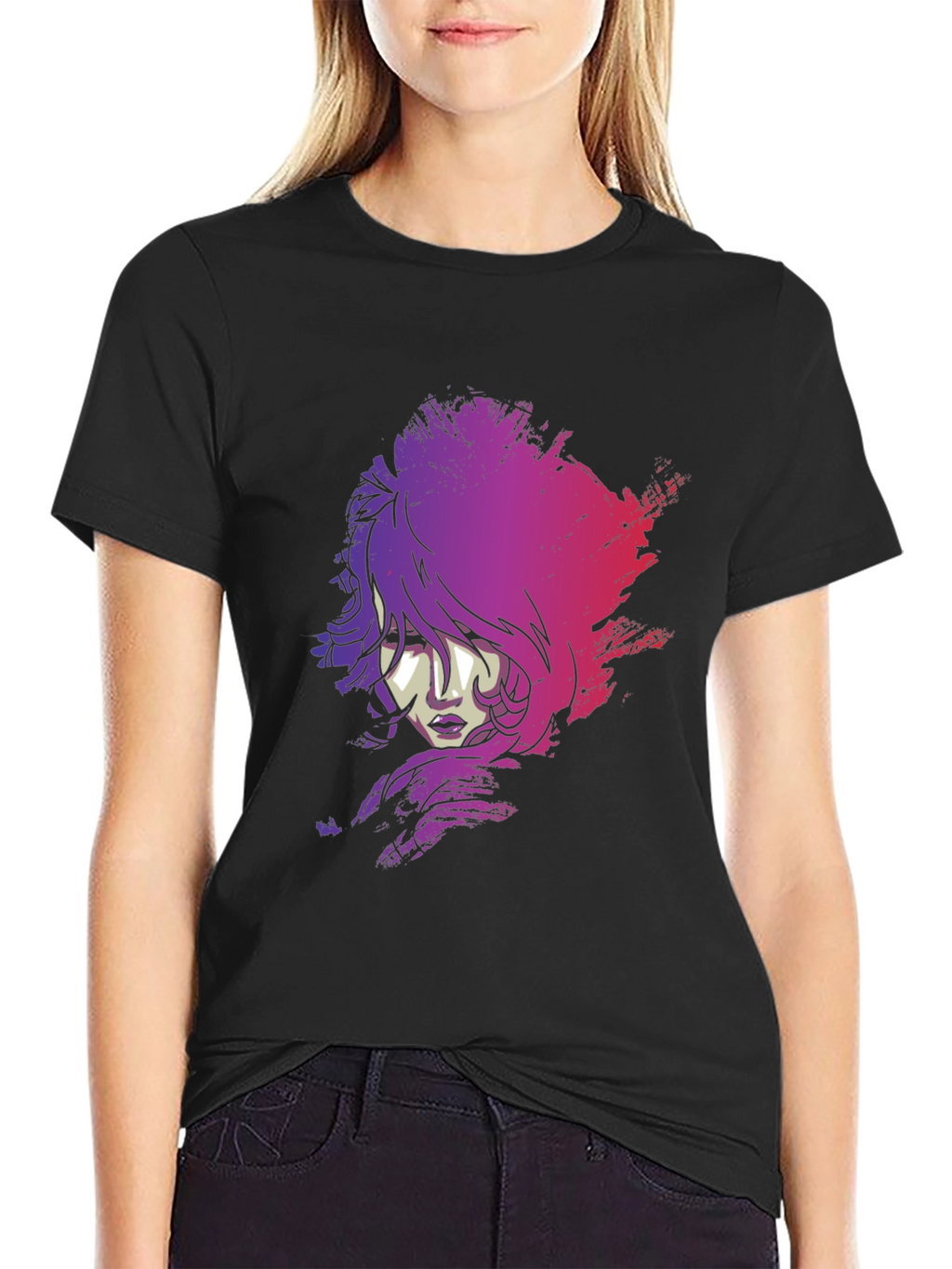 Vaporwave Woman Graphic Tee - Black Cotton