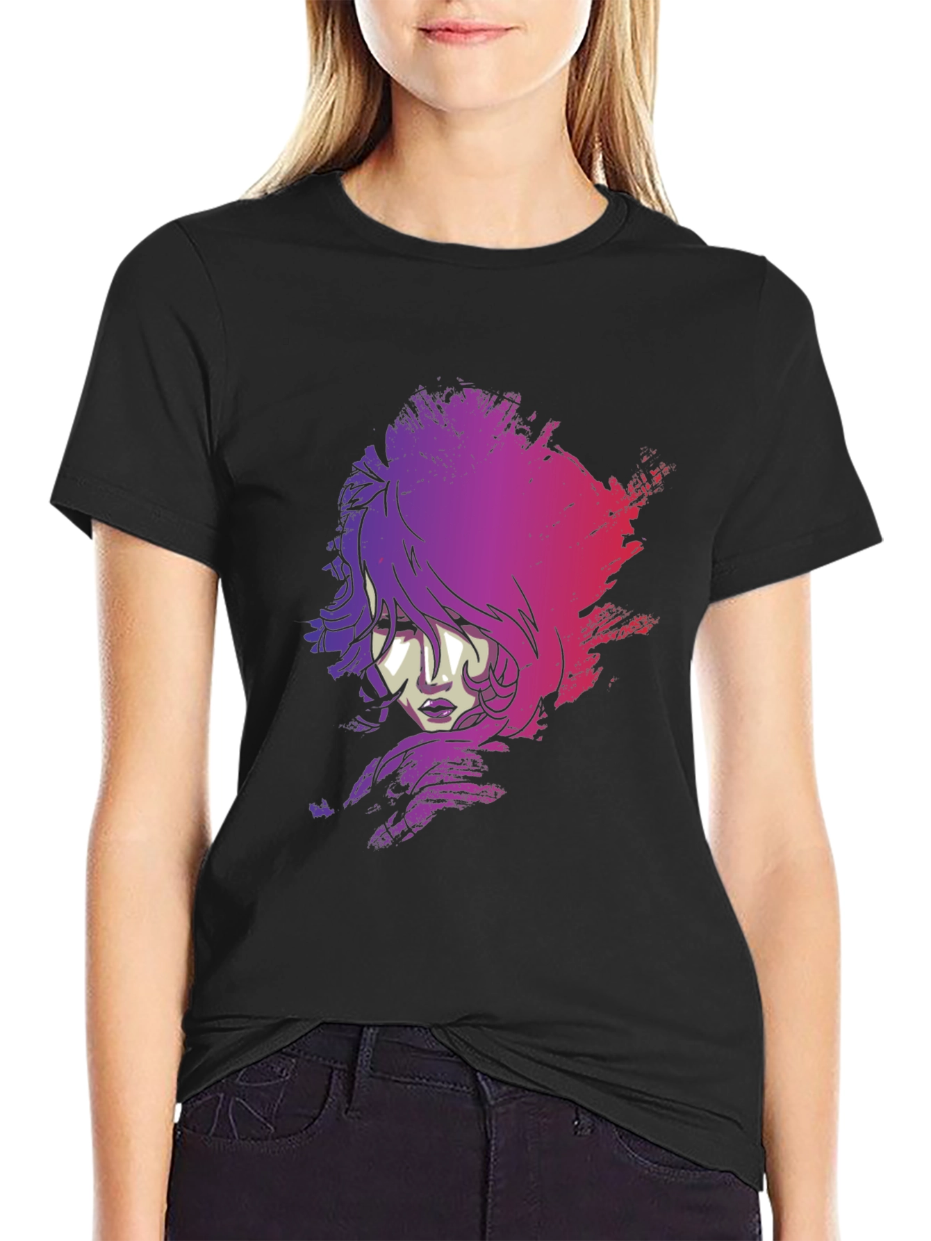 Vaporwave Woman Graphic Tee - Black Cotton