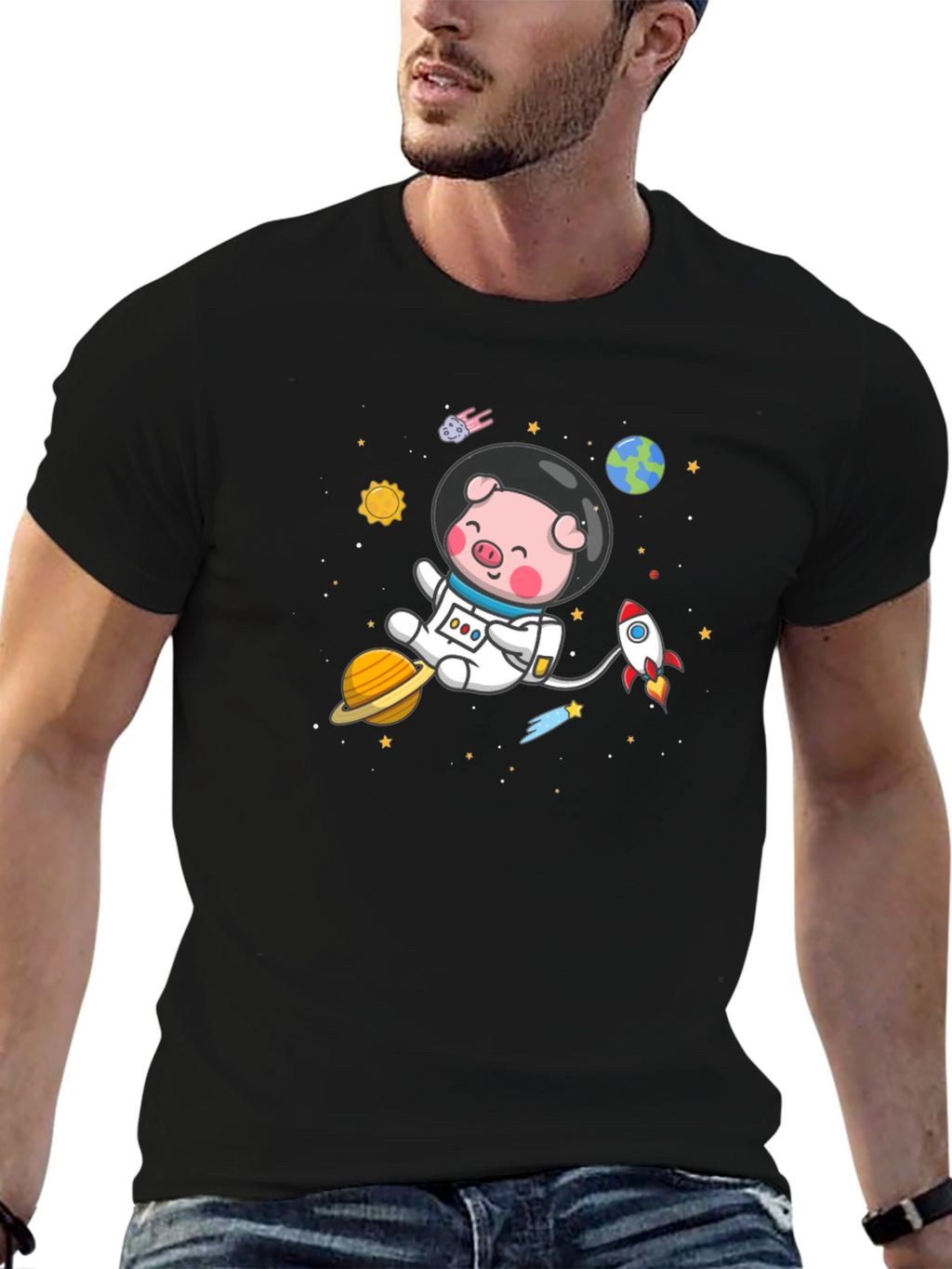 Astronaut Pig Graphic Tee - Space Adventure Shirt