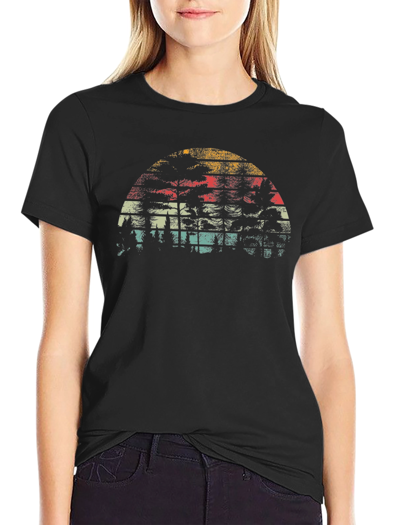 Retro Sunset Graphic Tee - Black Cotton Blend