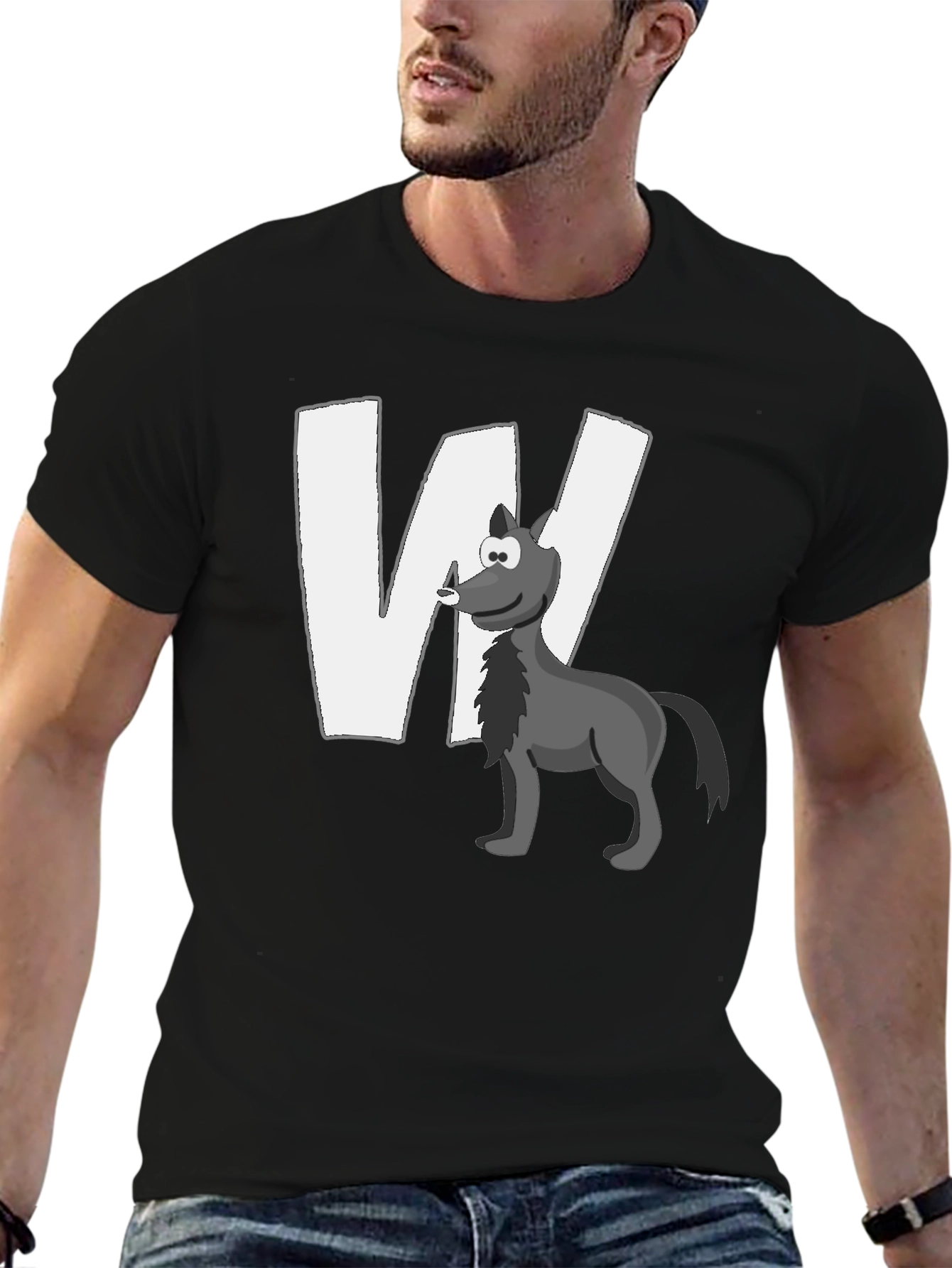 Wolf Cartoon Graphic Black T-Shirt