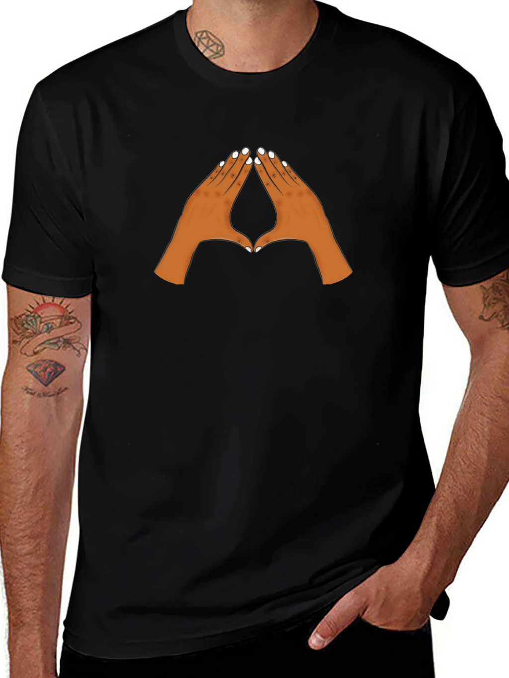 Black Graphic Tee with Pointing Hands Design