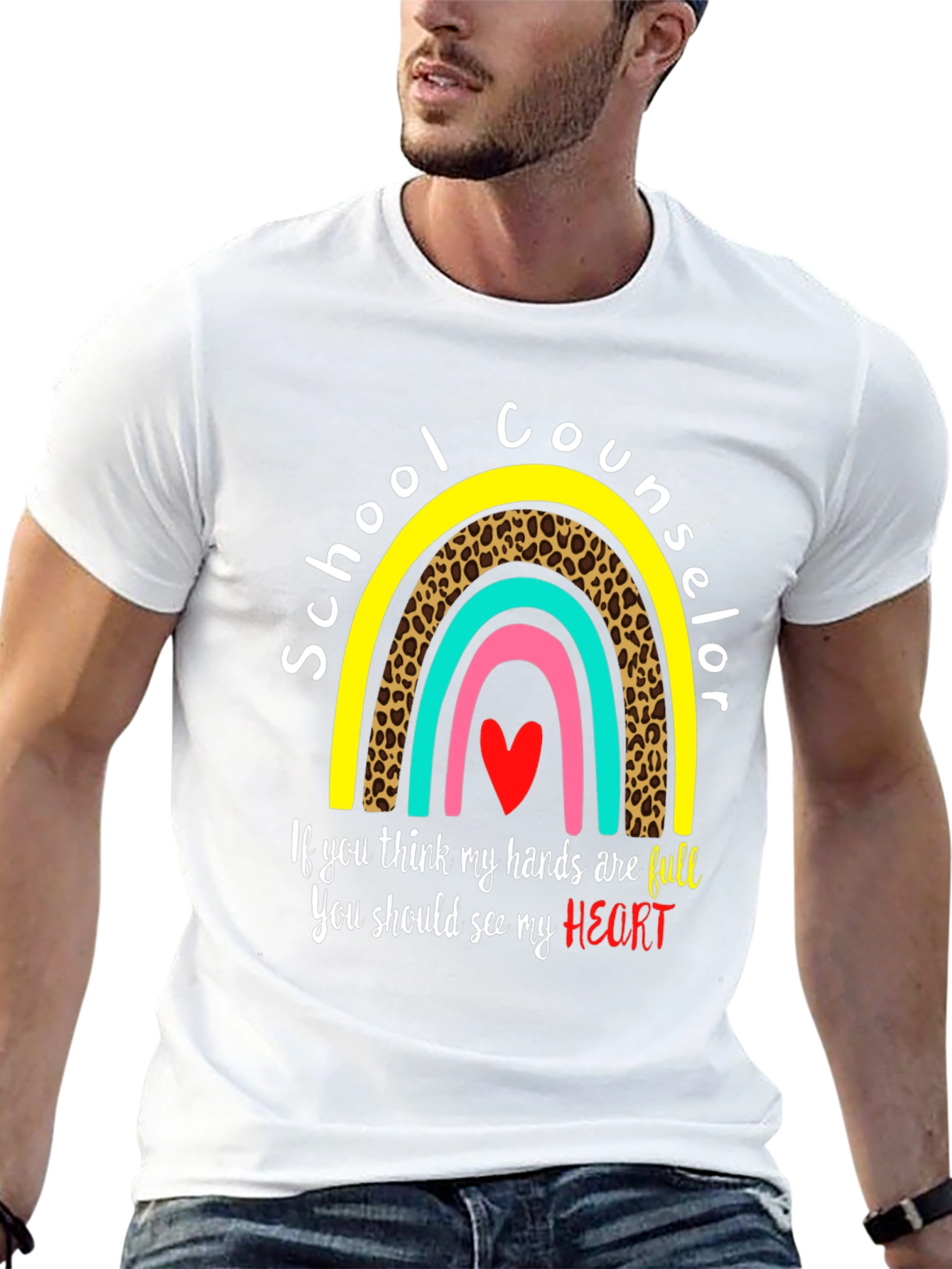 School Counselor T-Shirt: Full Heart Rainbow Design