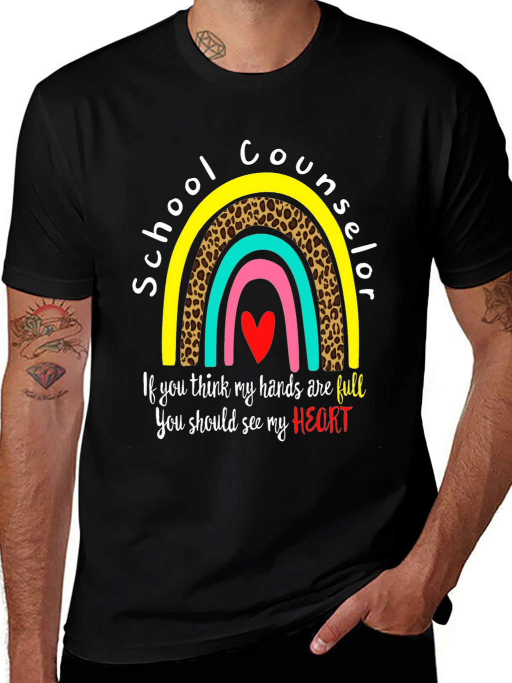School Counselor T-Shirt: Full Heart Rainbow Design