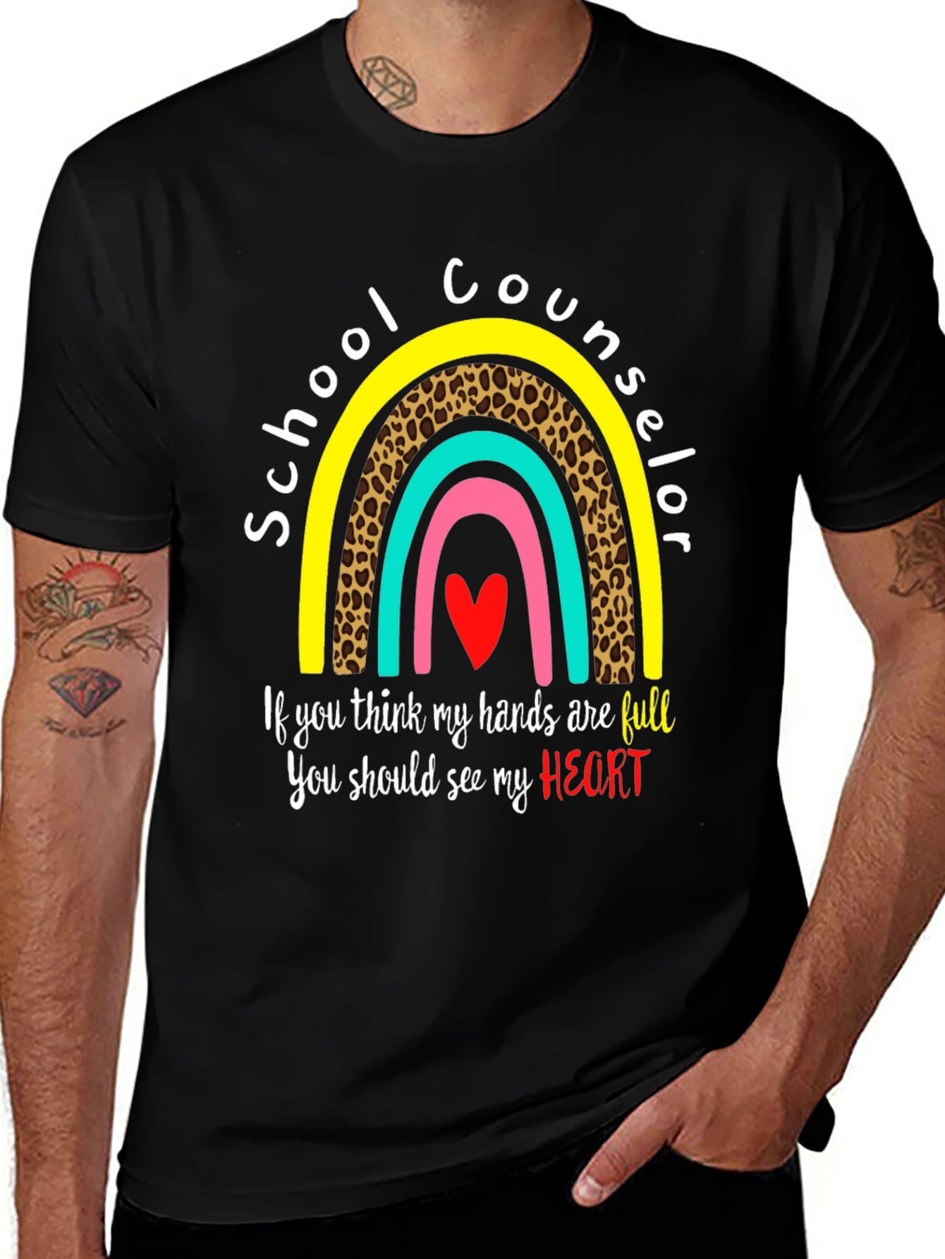 School Counselor T-Shirt: Full Heart Rainbow Design