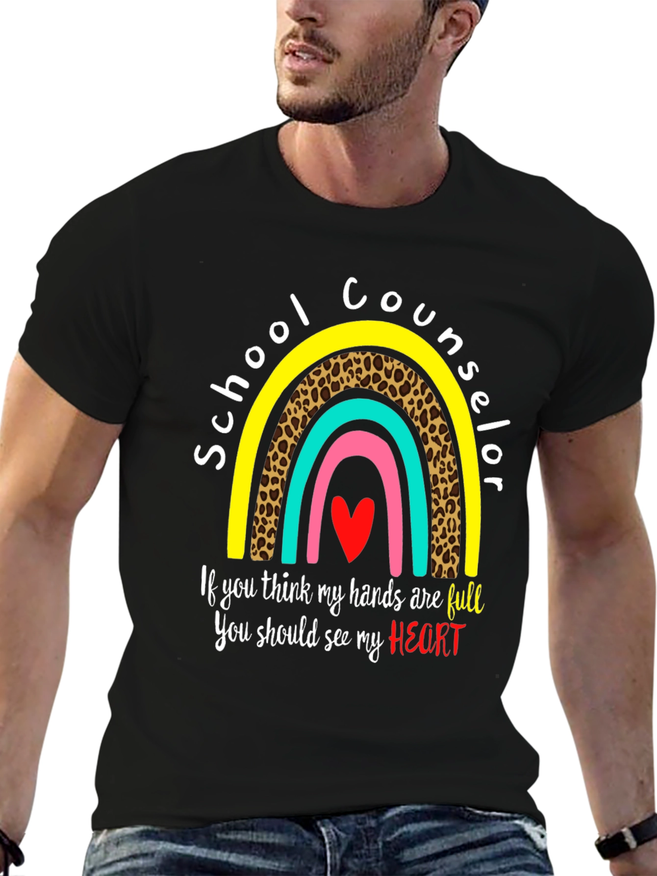 School Counselor T-Shirt: Full Heart Rainbow Design