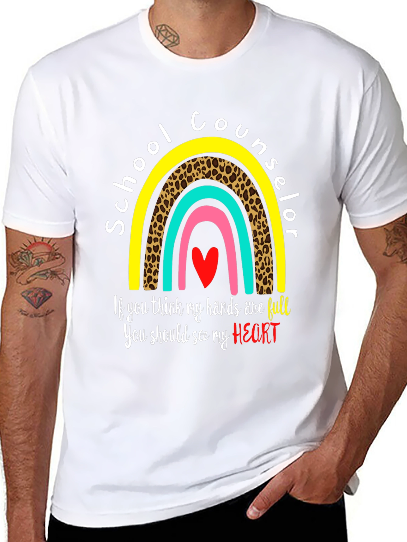 School Counselor T-Shirt: Full Heart Rainbow Design