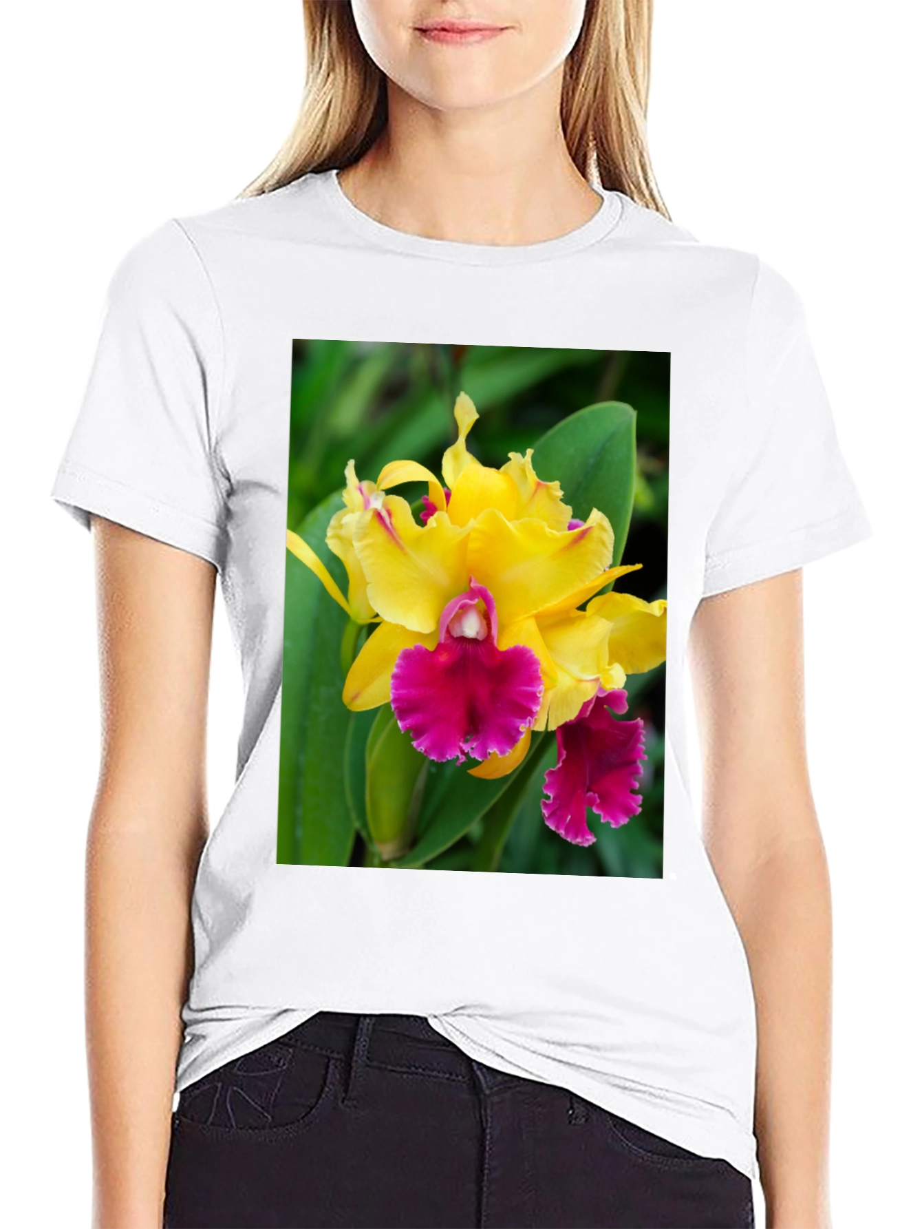 Floral Graphic Tee - Yellow & Pink Orchid Design