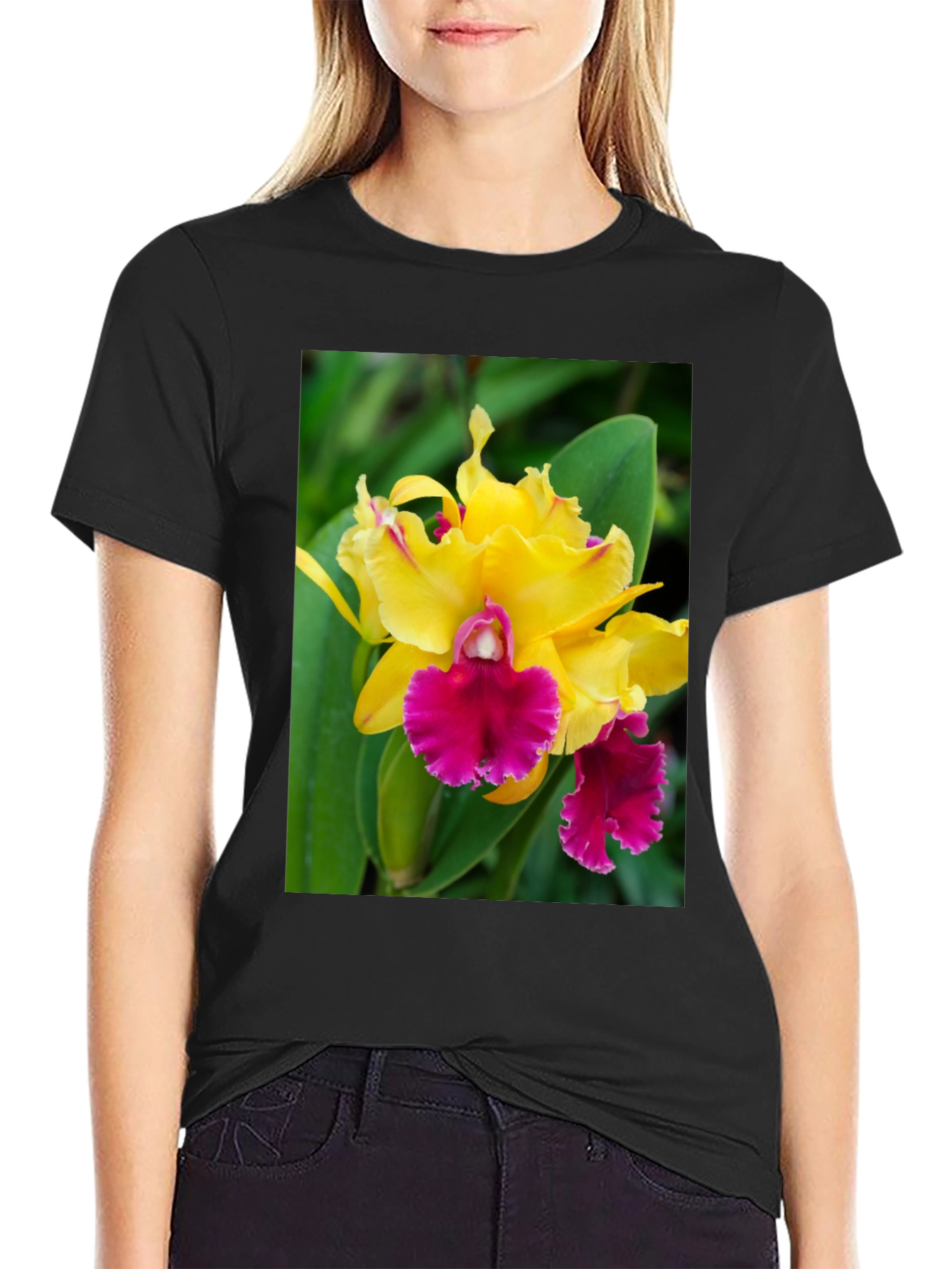 Floral Graphic Tee - Yellow & Pink Orchid Design