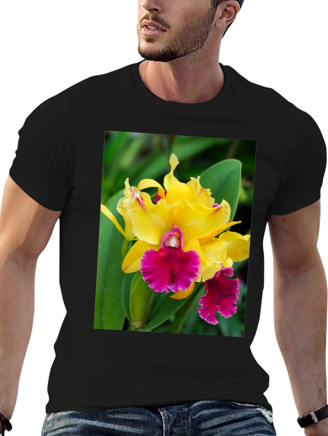 Floral Graphic Tee - Yellow & Pink Orchid Design