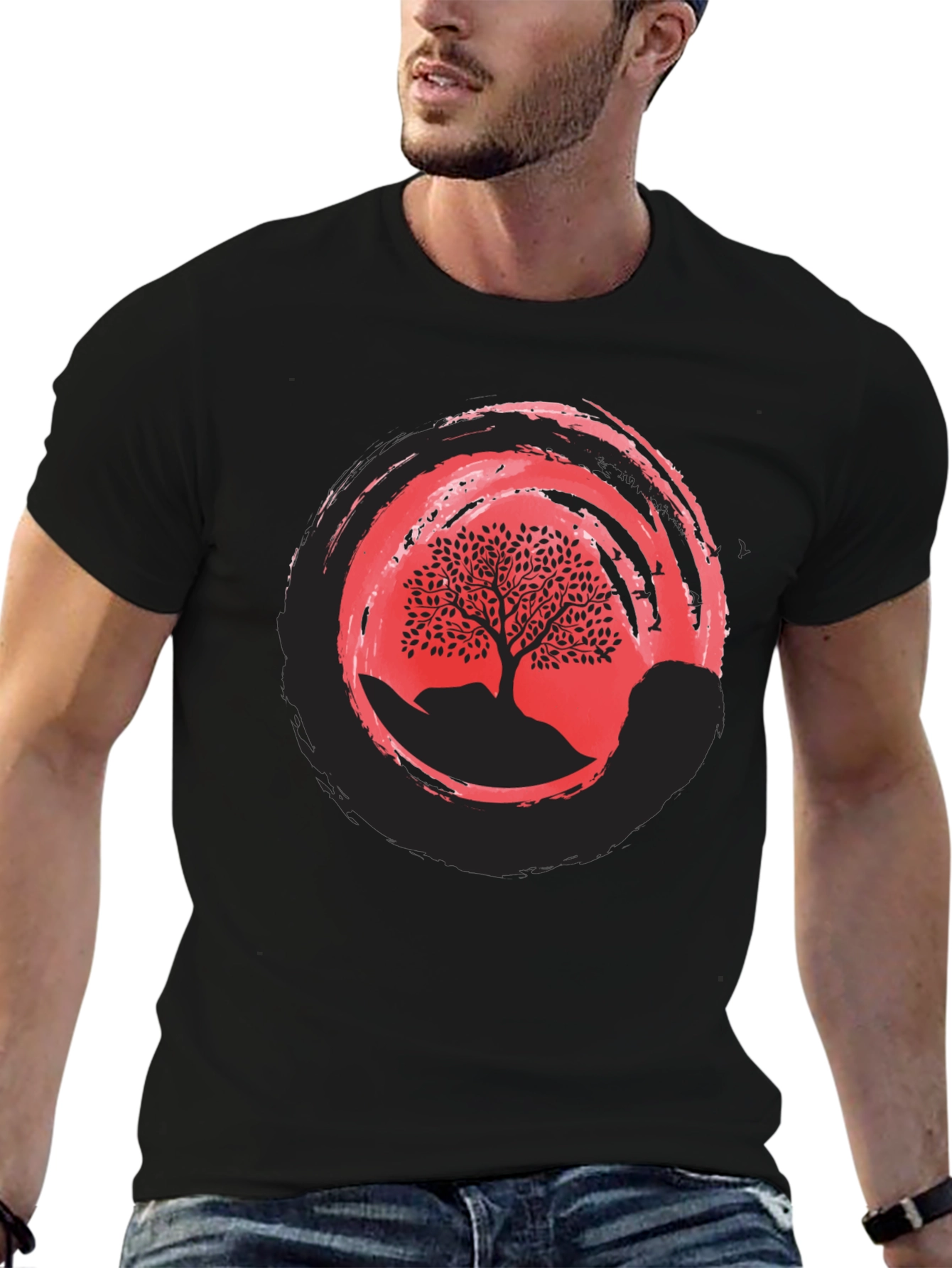 Zen Tree Graphic Tee - Black Cotton Blend Shirt