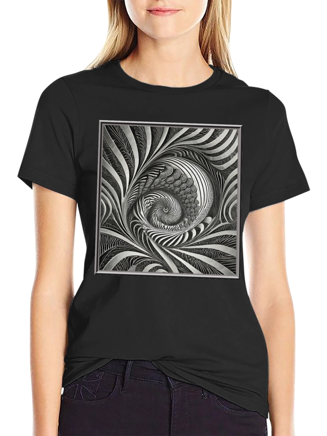 Abstract Silver Swirl Graphic Black T-Shirt