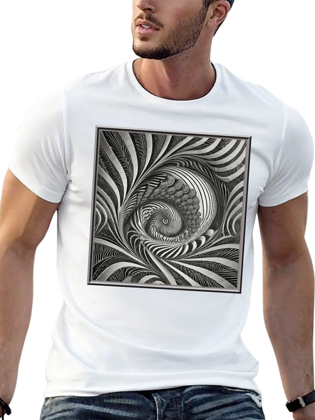 Abstract Silver Swirl Graphic Black T-Shirt