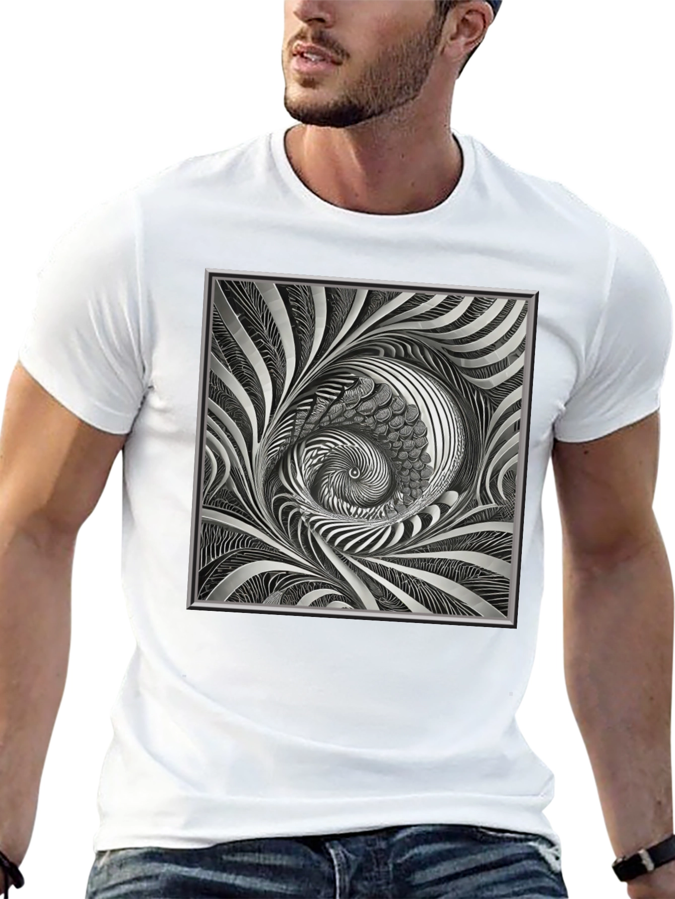 Abstract Silver Swirl Graphic Black T-Shirt