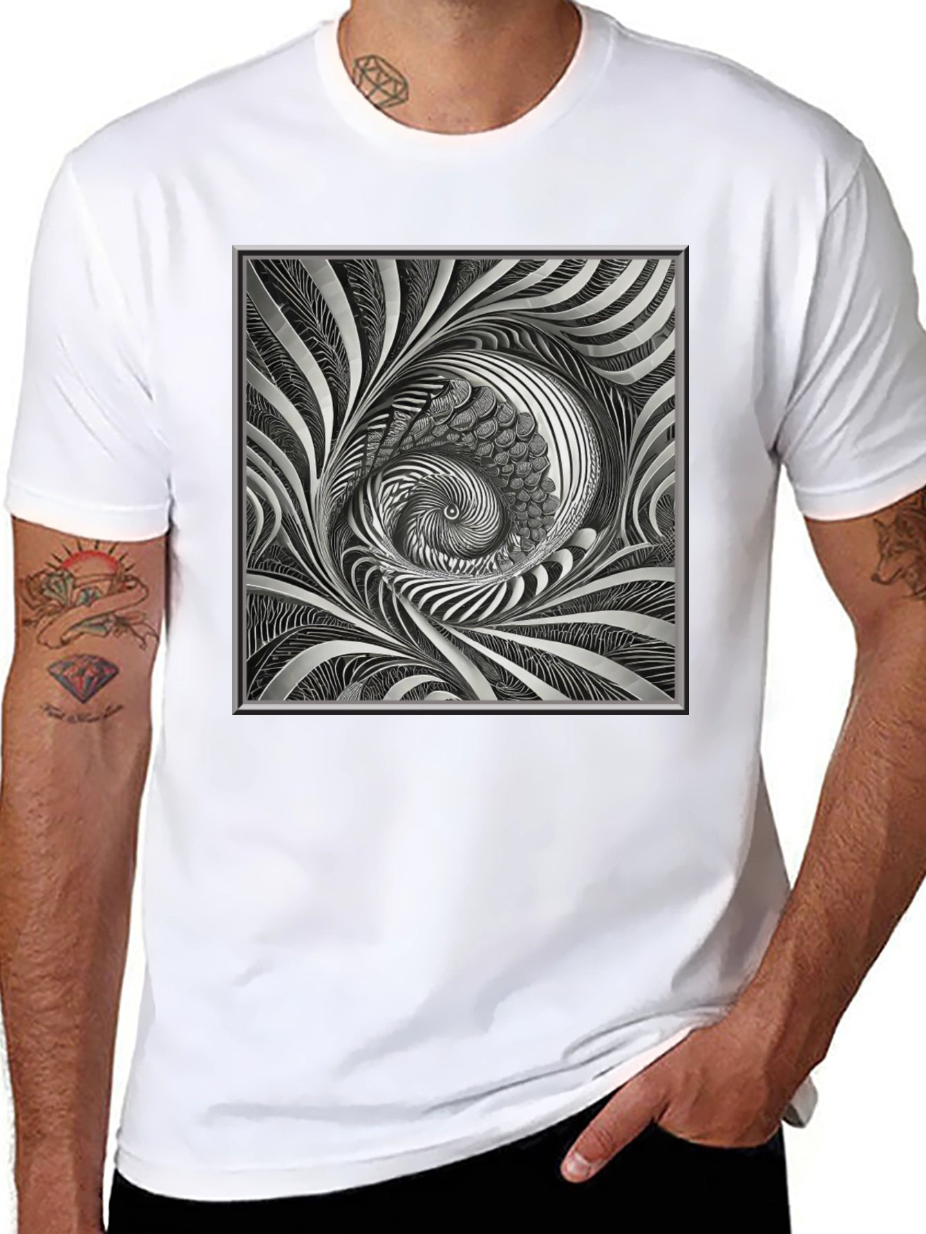 Abstract Silver Swirl Graphic Black T-Shirt
