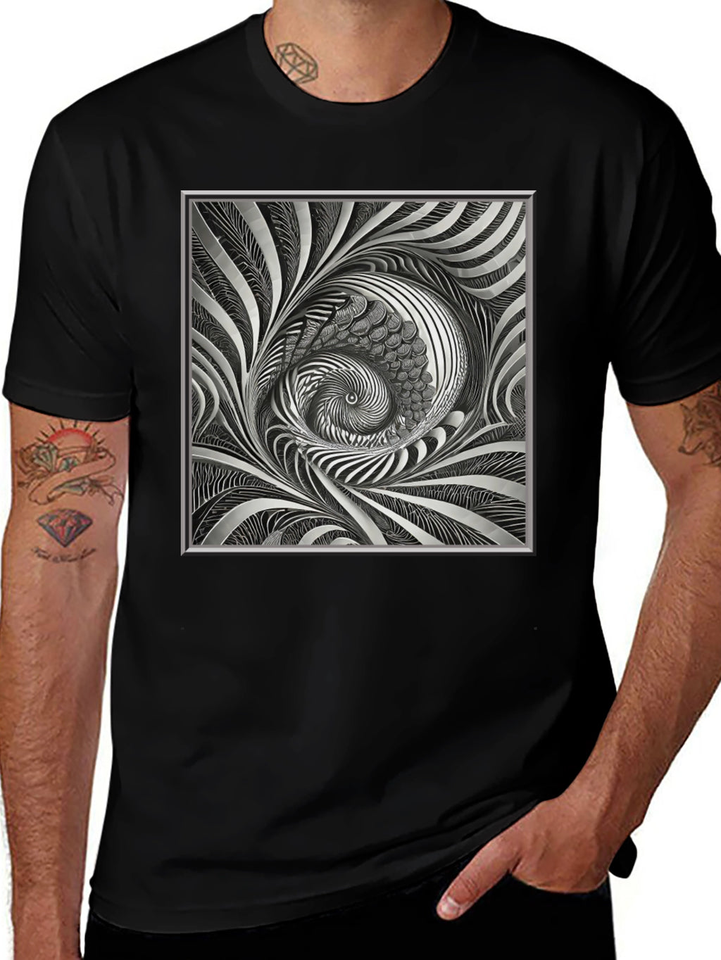 Abstract Silver Swirl Graphic Black T-Shirt