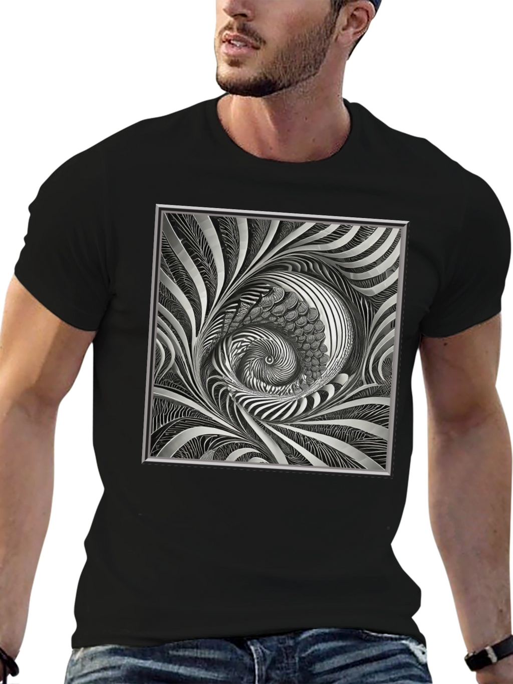 Abstract Silver Swirl Graphic Black T-Shirt