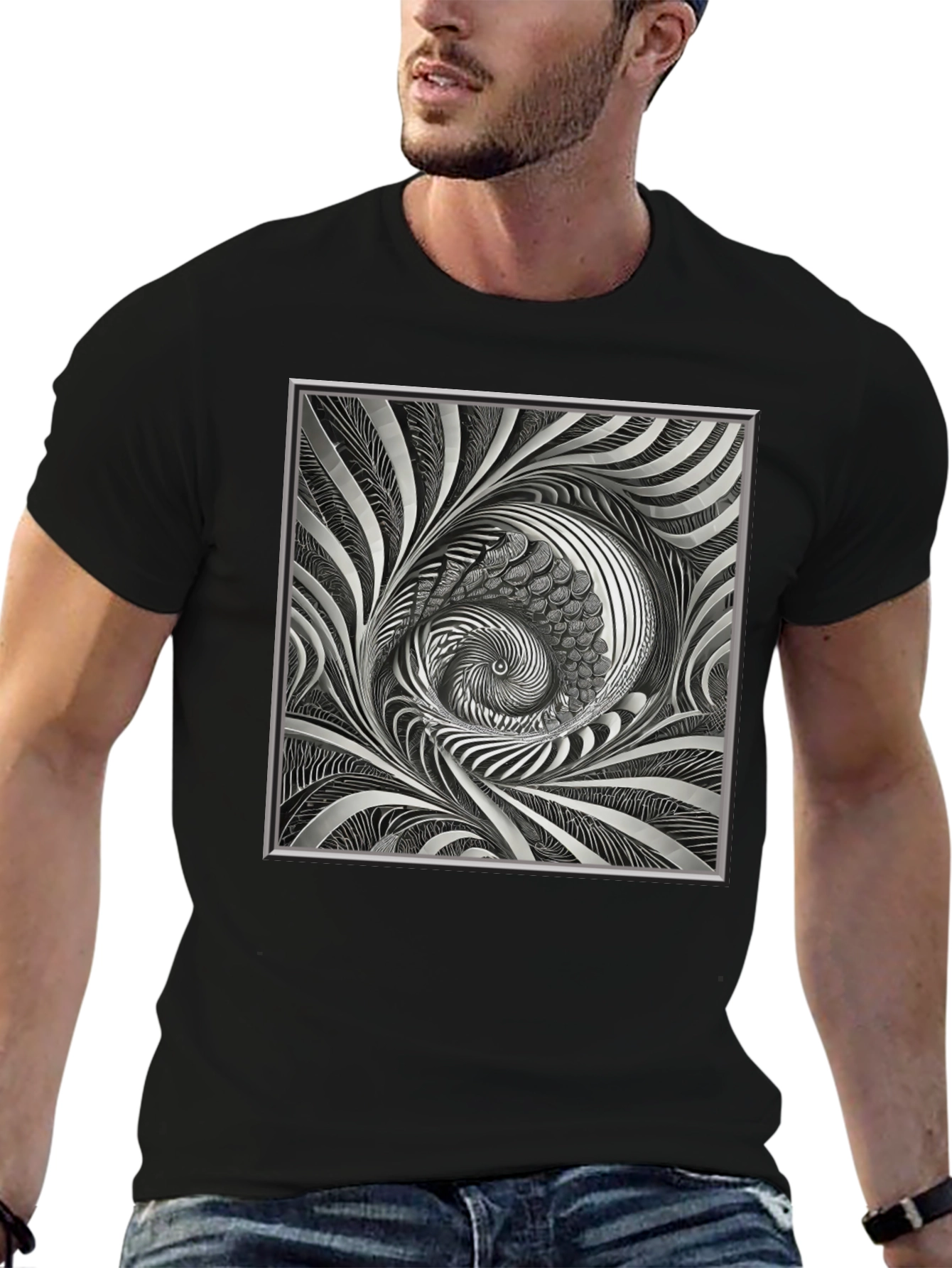 Abstract Silver Swirl Graphic Black T-Shirt