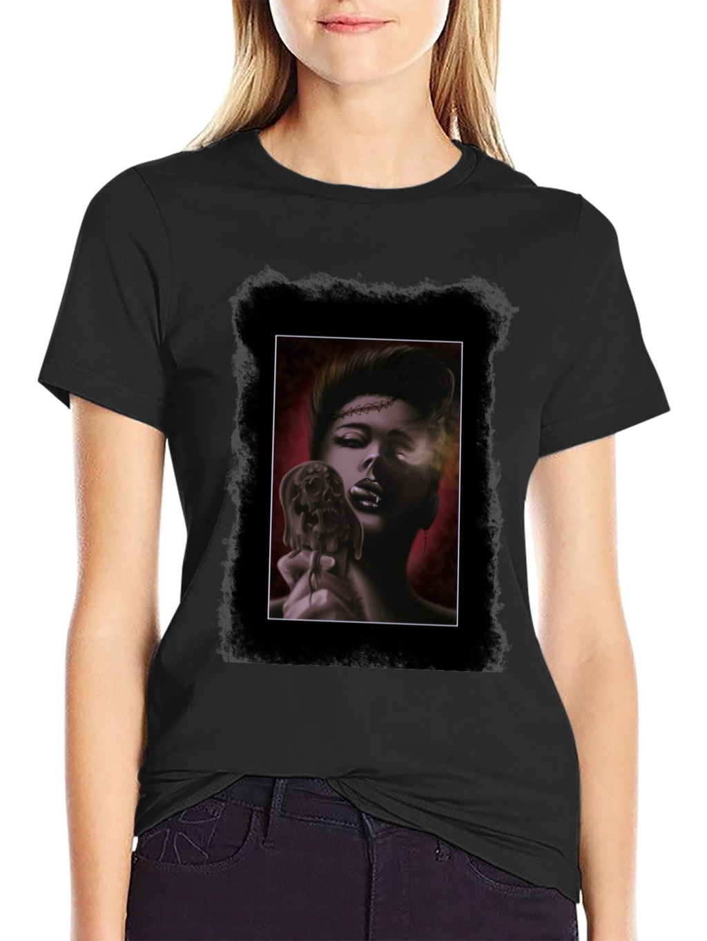 Gothic Skull Vampire Graphic Black T-Shirt
