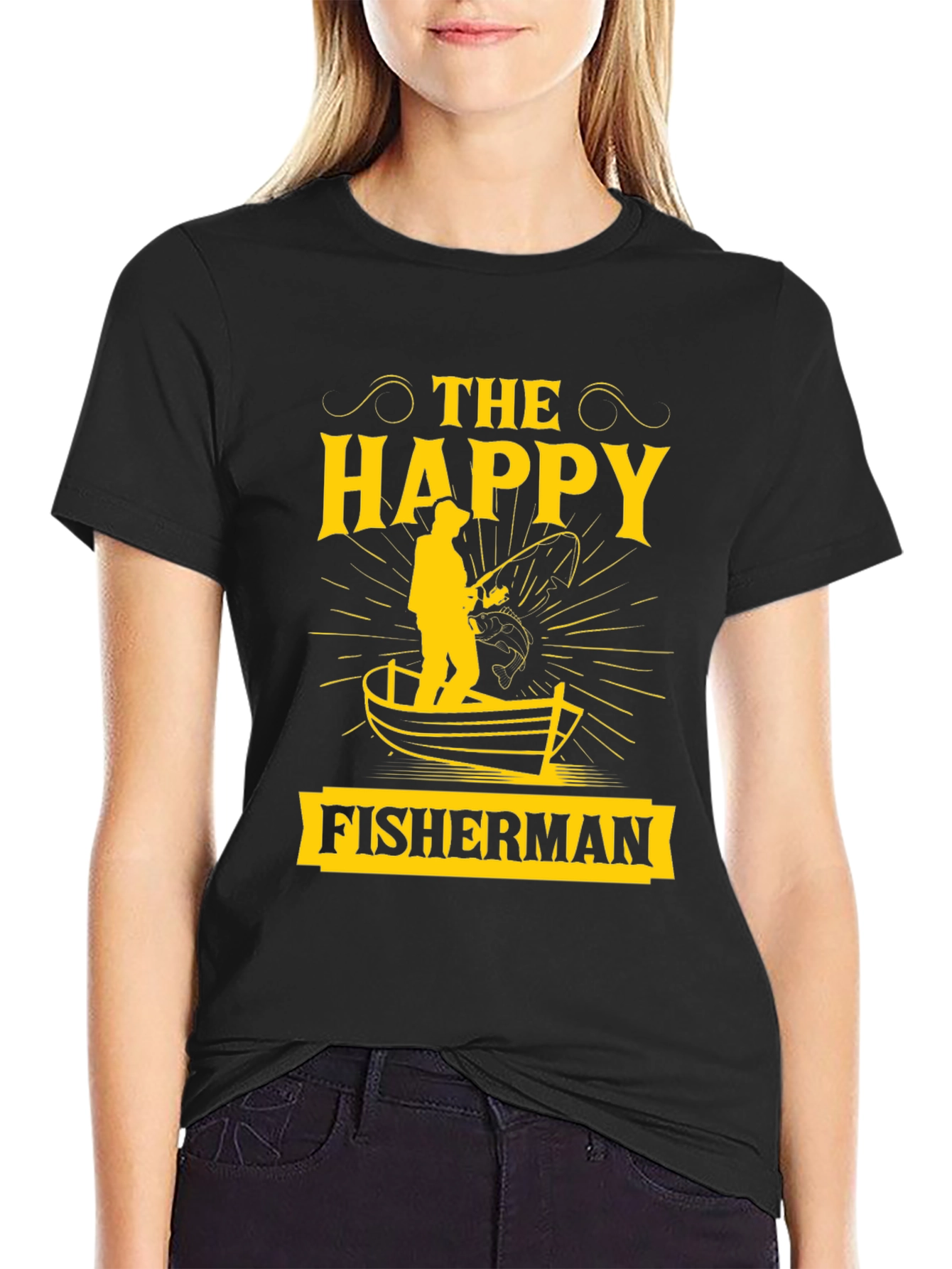 The Happy Fisherman Black Graphic T-Shirt