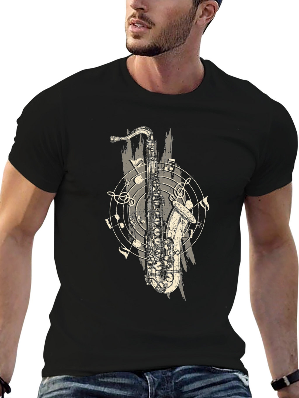 Saxophone Graphic Print Black T-Shirt