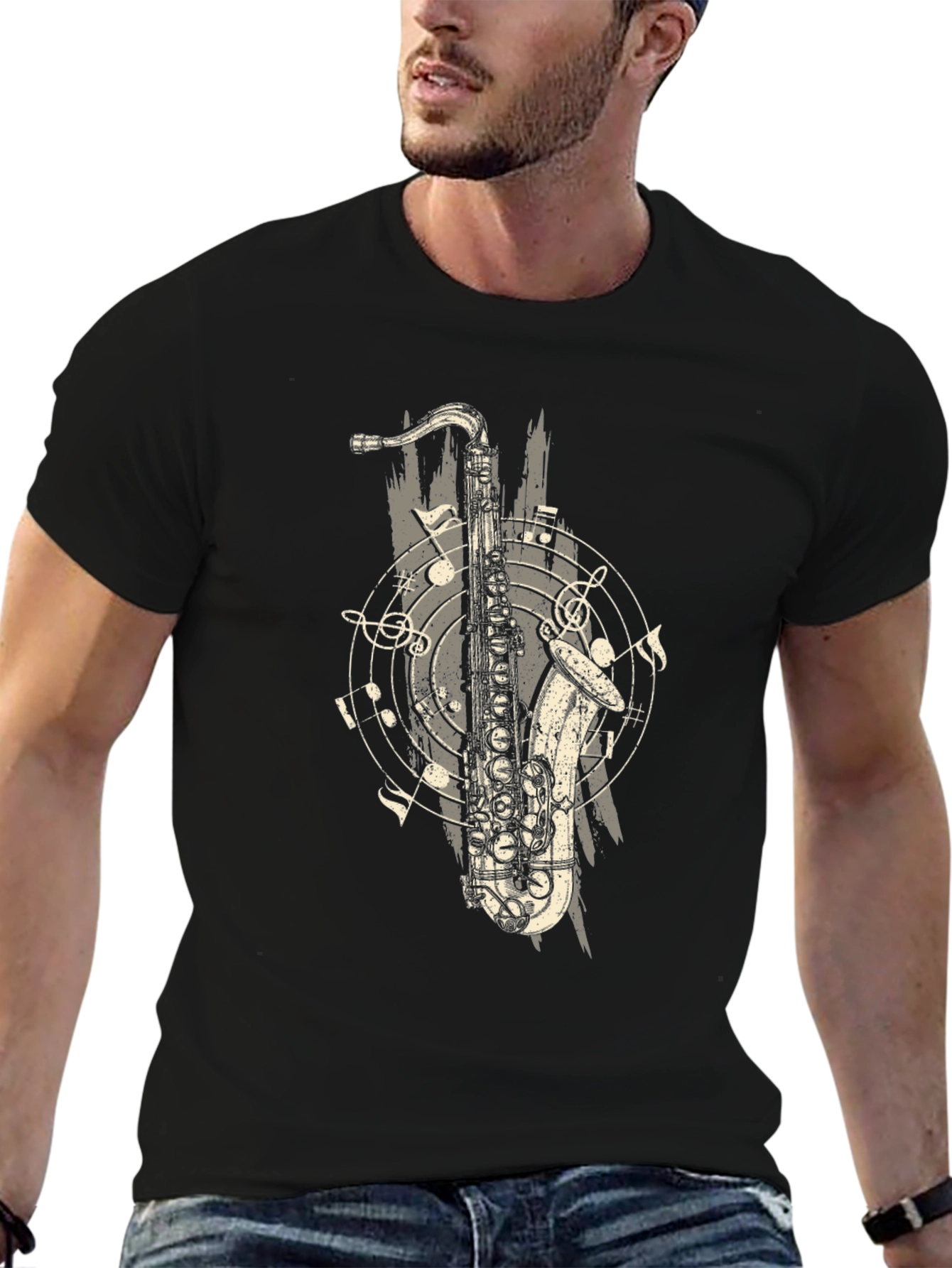 Saxophone Graphic Print Black T-Shirt