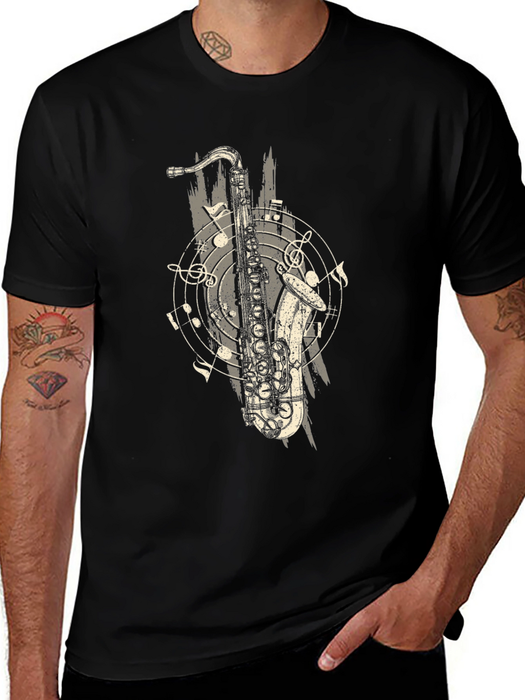 Saxophone Graphic Print Black T-Shirt