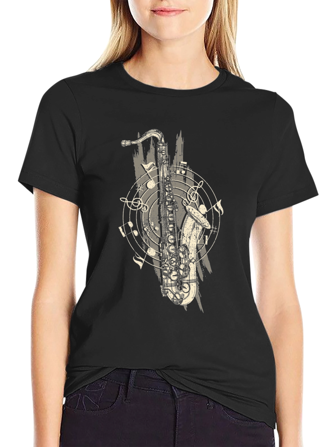 Saxophone Graphic Print Black T-Shirt