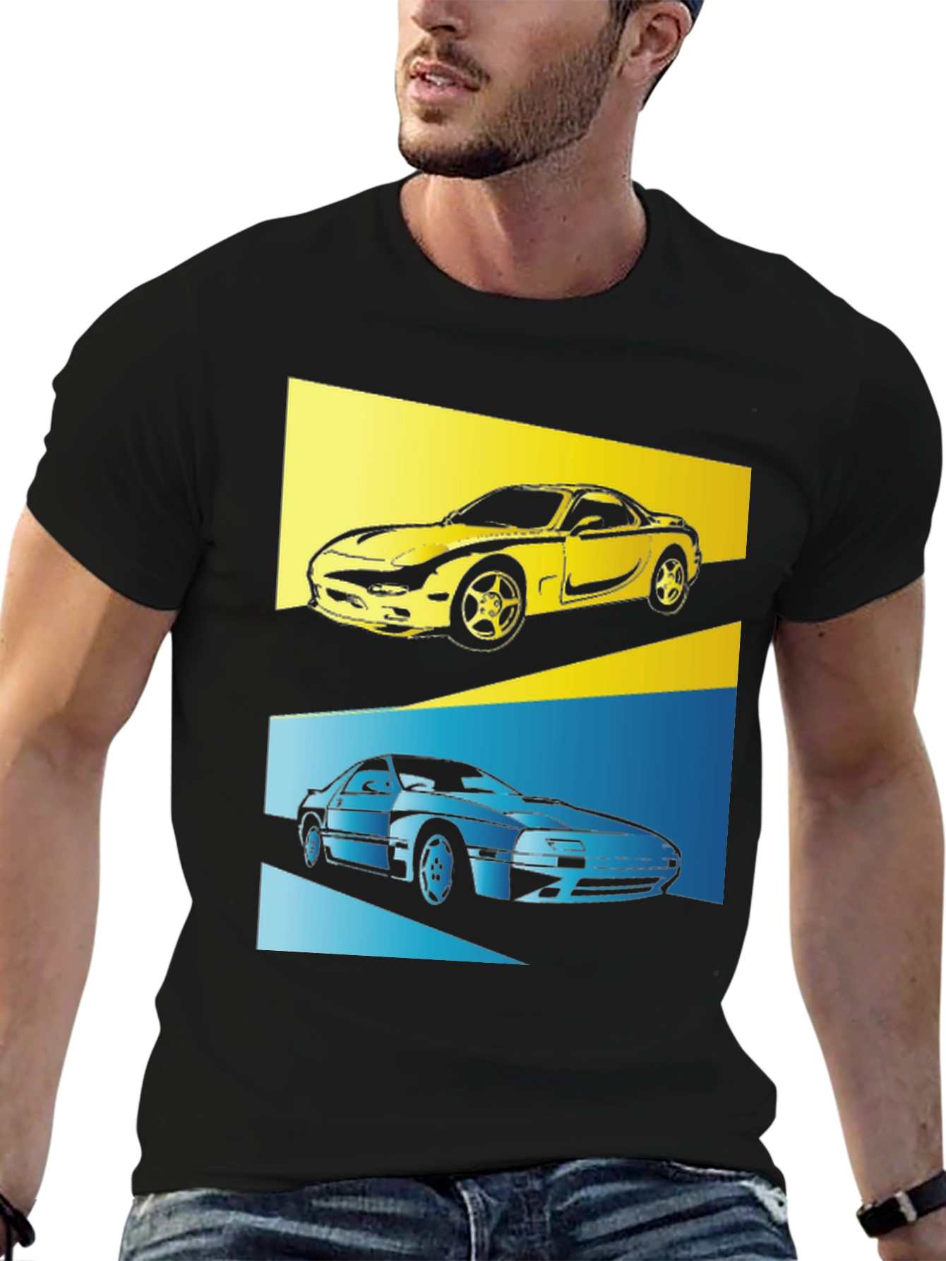 Retro Car T-Shirt: Yellow & Blue Sports Car Graphic Tee