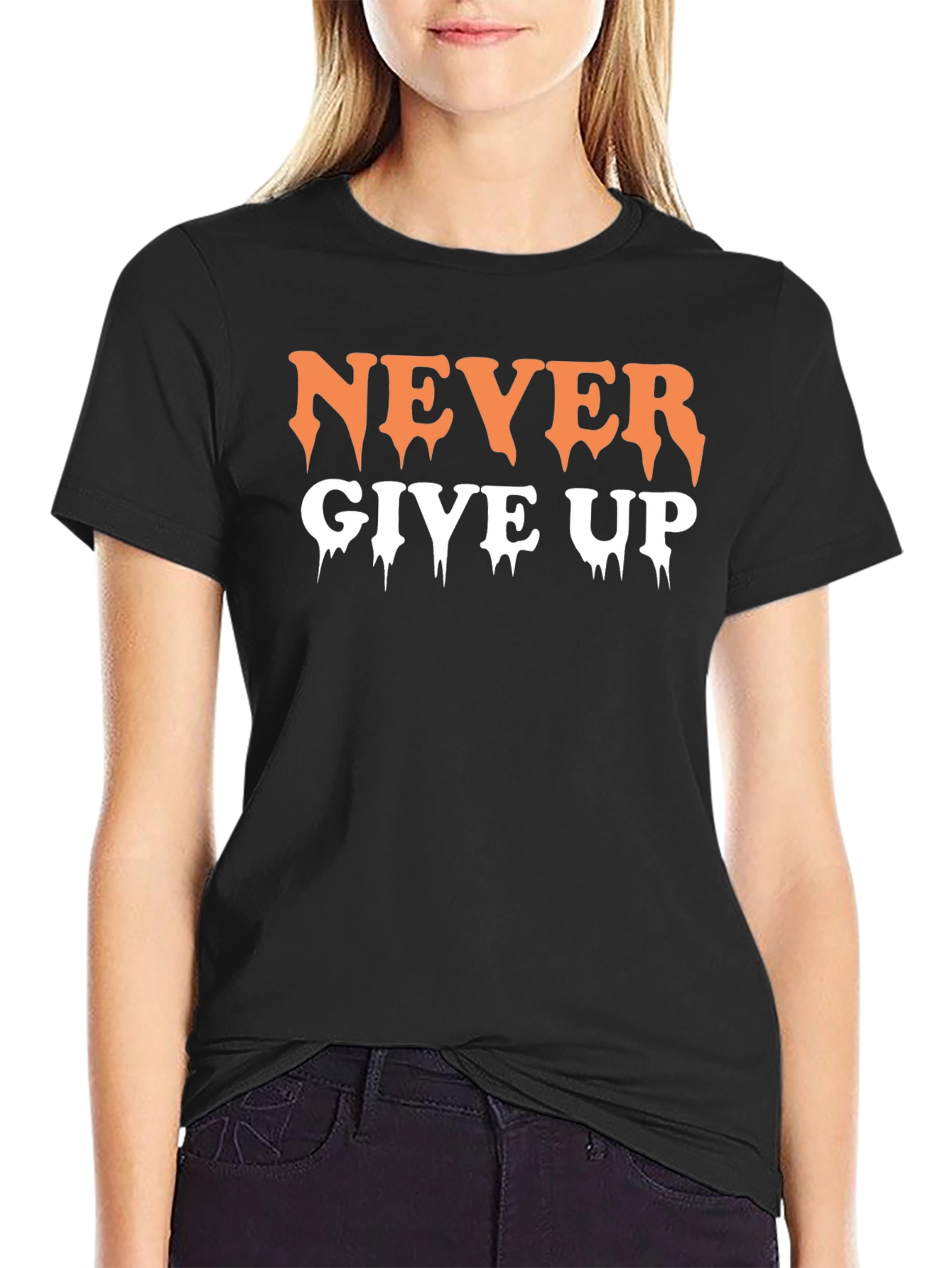 Never Give Up Black Graphic T-Shirt