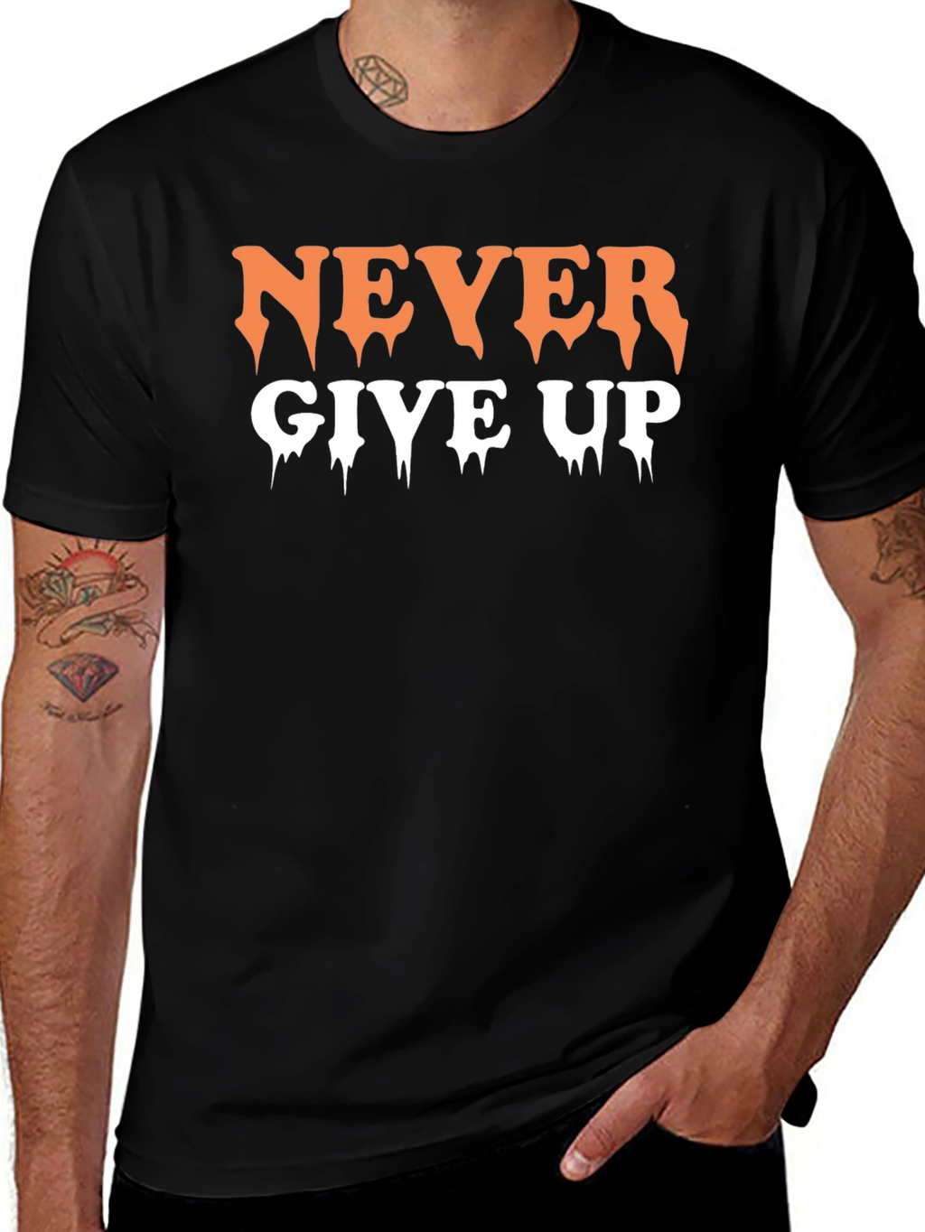 Never Give Up Black Graphic T-Shirt