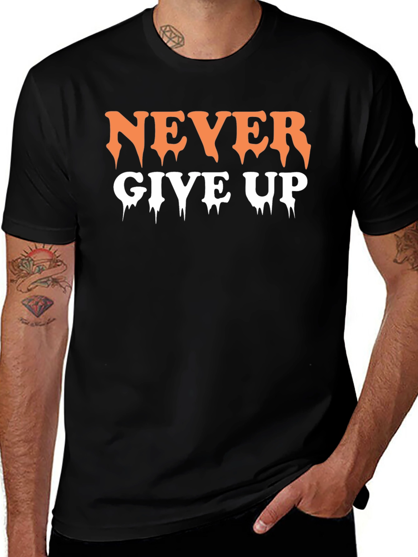 Never Give Up Black Graphic T-Shirt