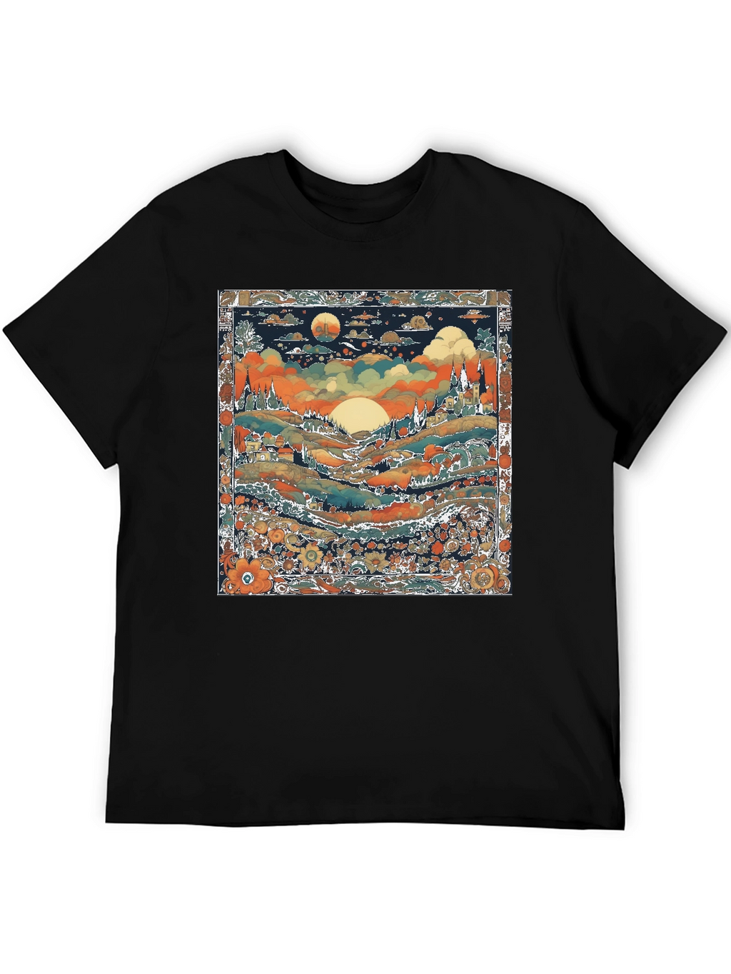 Whimsical Landscape Graphic Tee - Black Cotton Blend