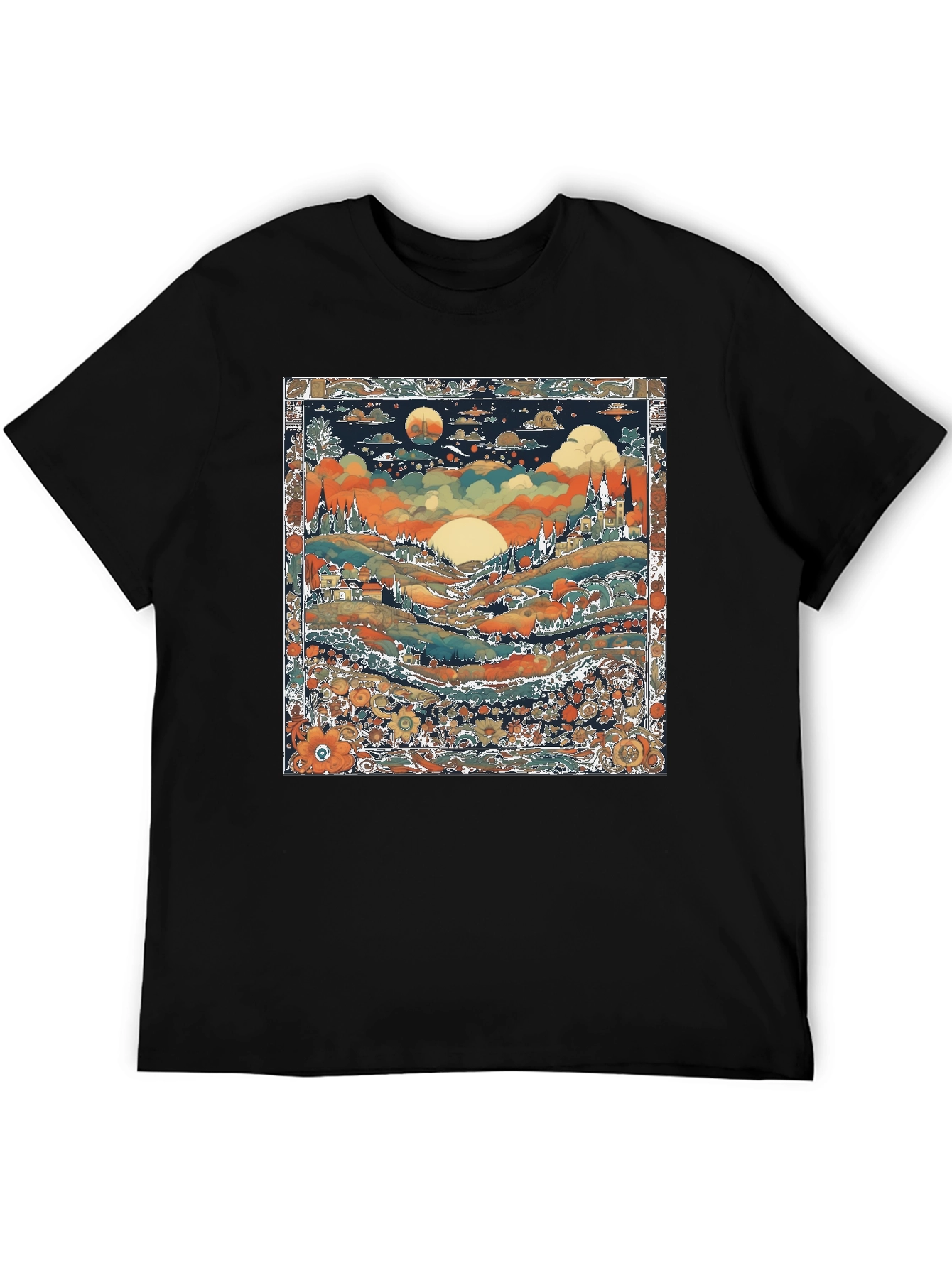 Whimsical Landscape Graphic Tee - Black Cotton Blend