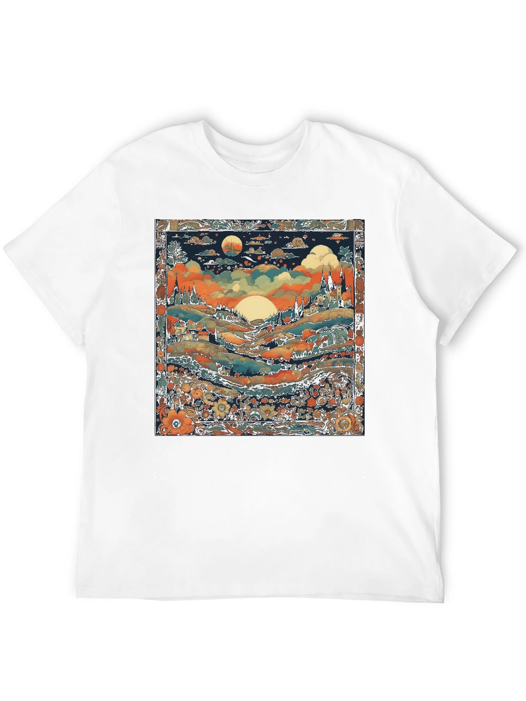 Whimsical Landscape Graphic Tee - Black Cotton Blend