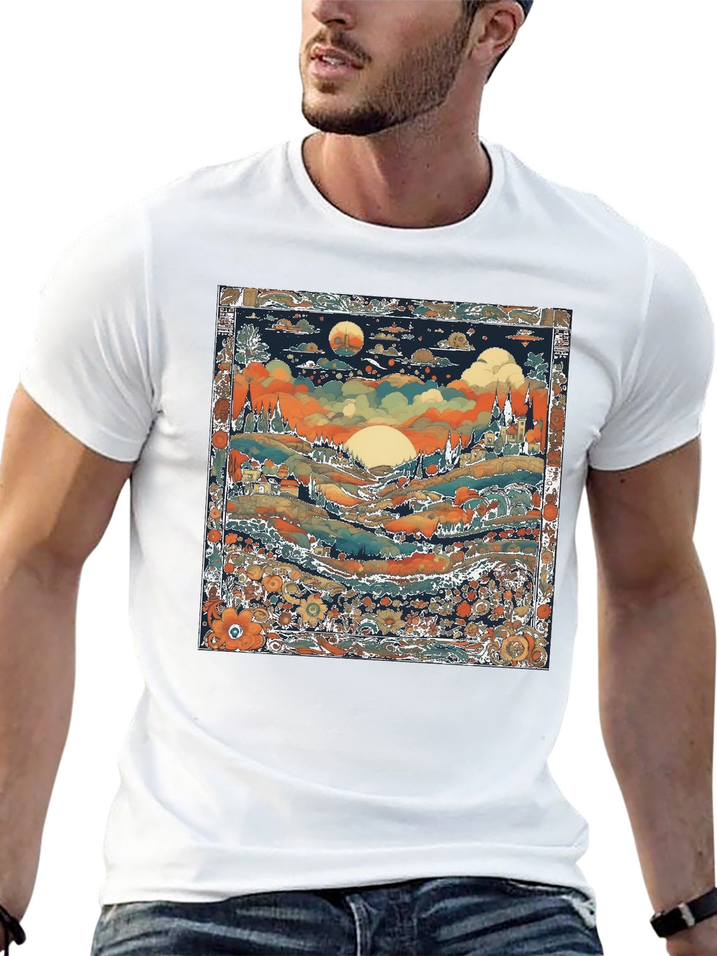 Whimsical Landscape Graphic Tee - Black Cotton Blend
