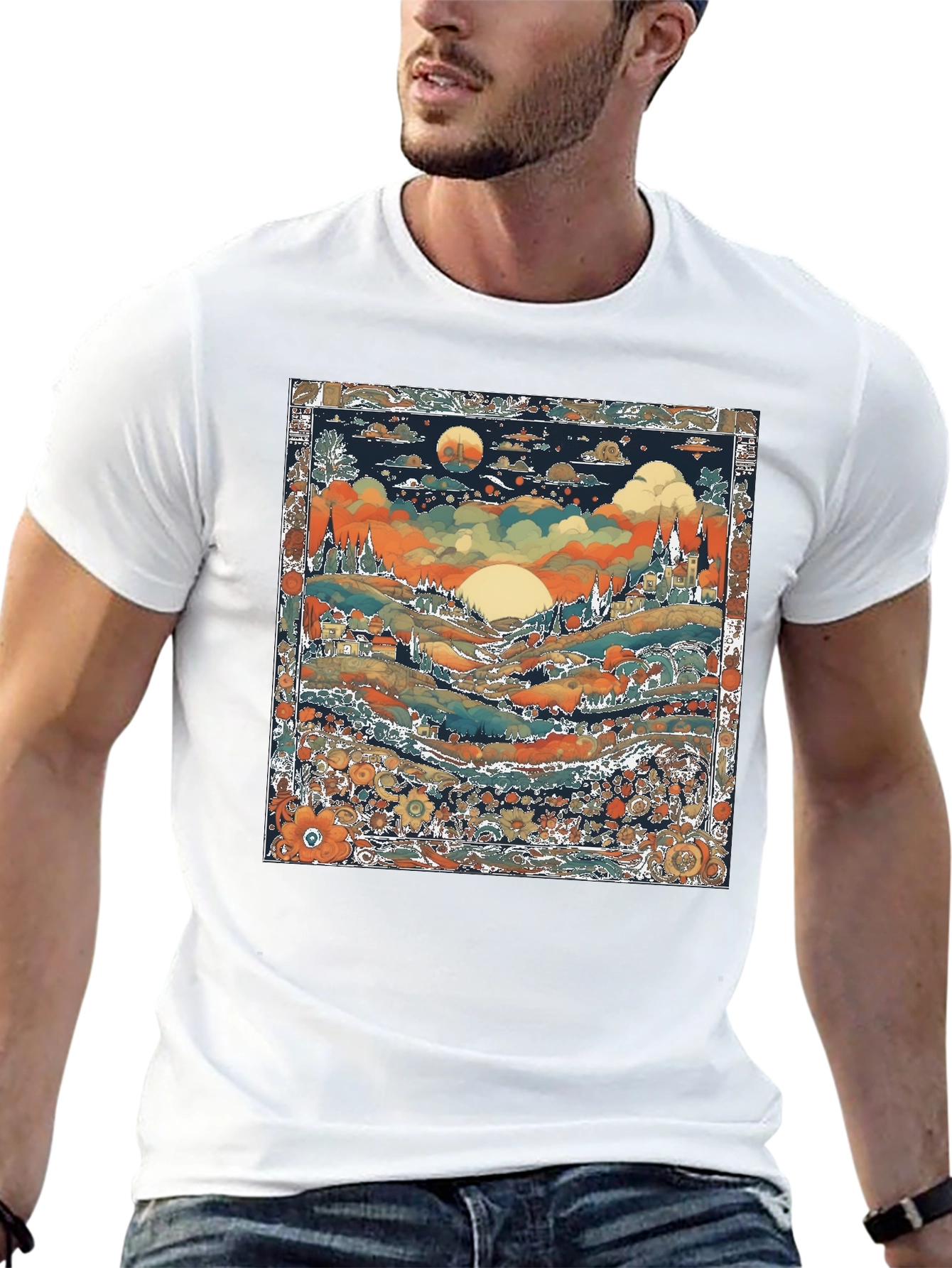 Whimsical Landscape Graphic Tee - Black Cotton Blend