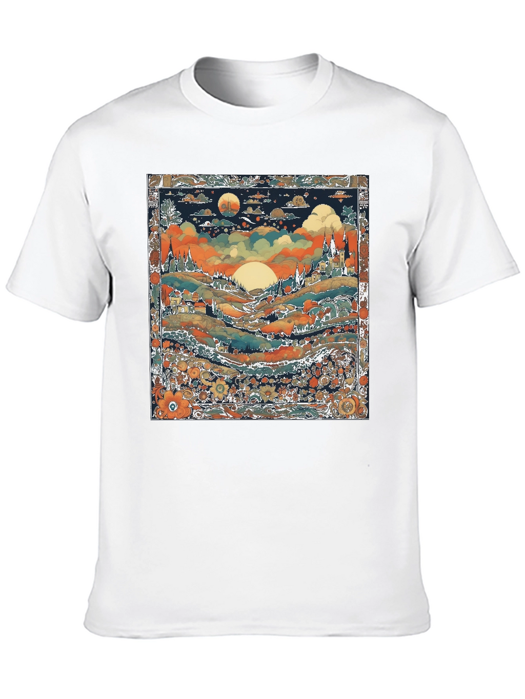 Whimsical Landscape Graphic Tee - Black Cotton Blend