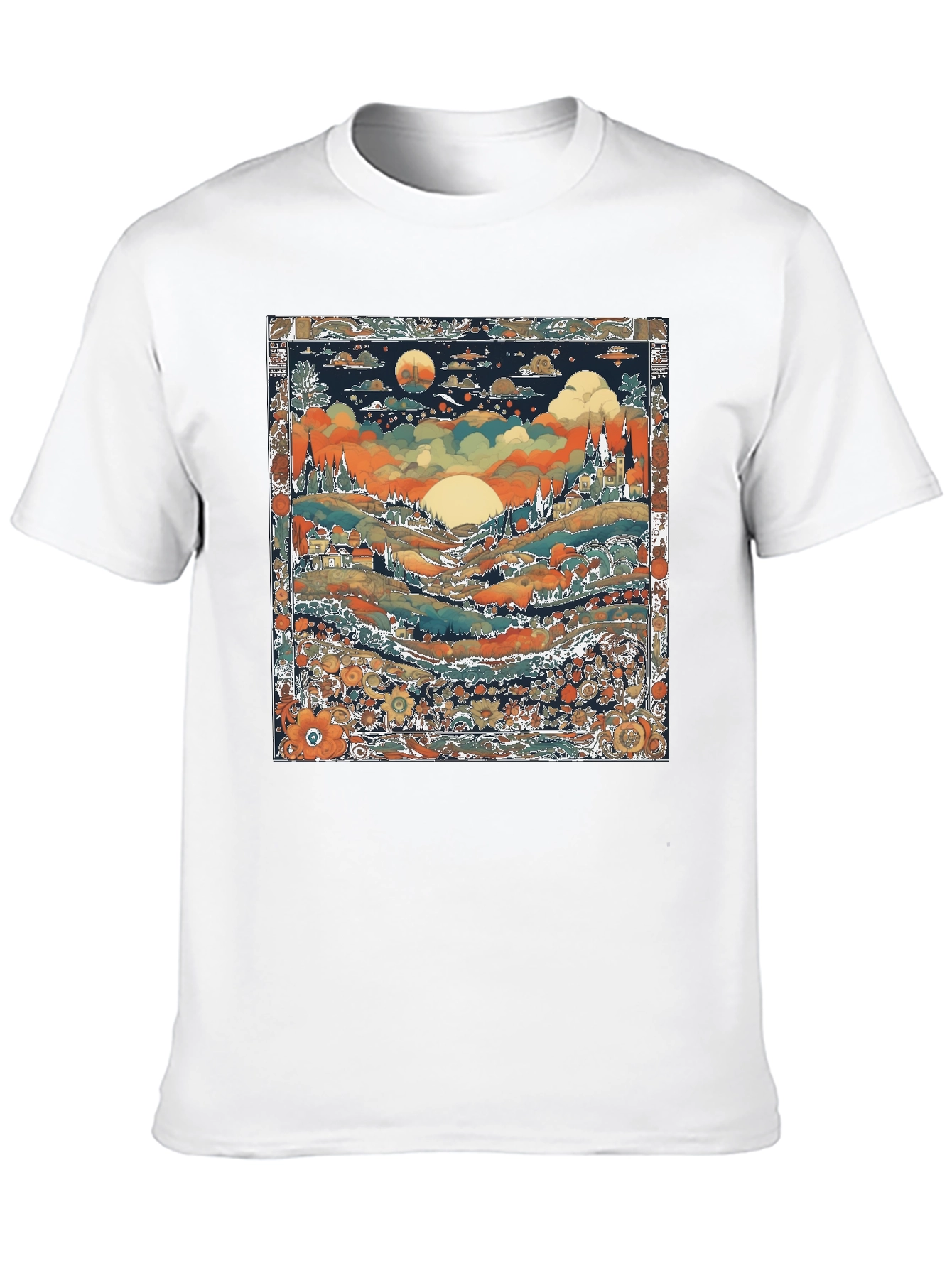 Whimsical Landscape Graphic Tee - Black Cotton Blend