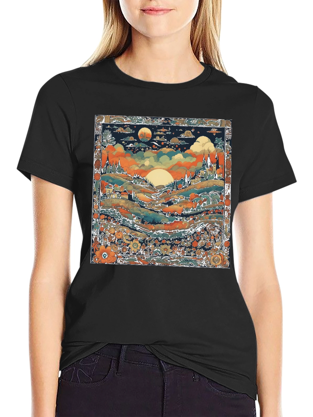 Whimsical Landscape Graphic Tee - Black Cotton Blend