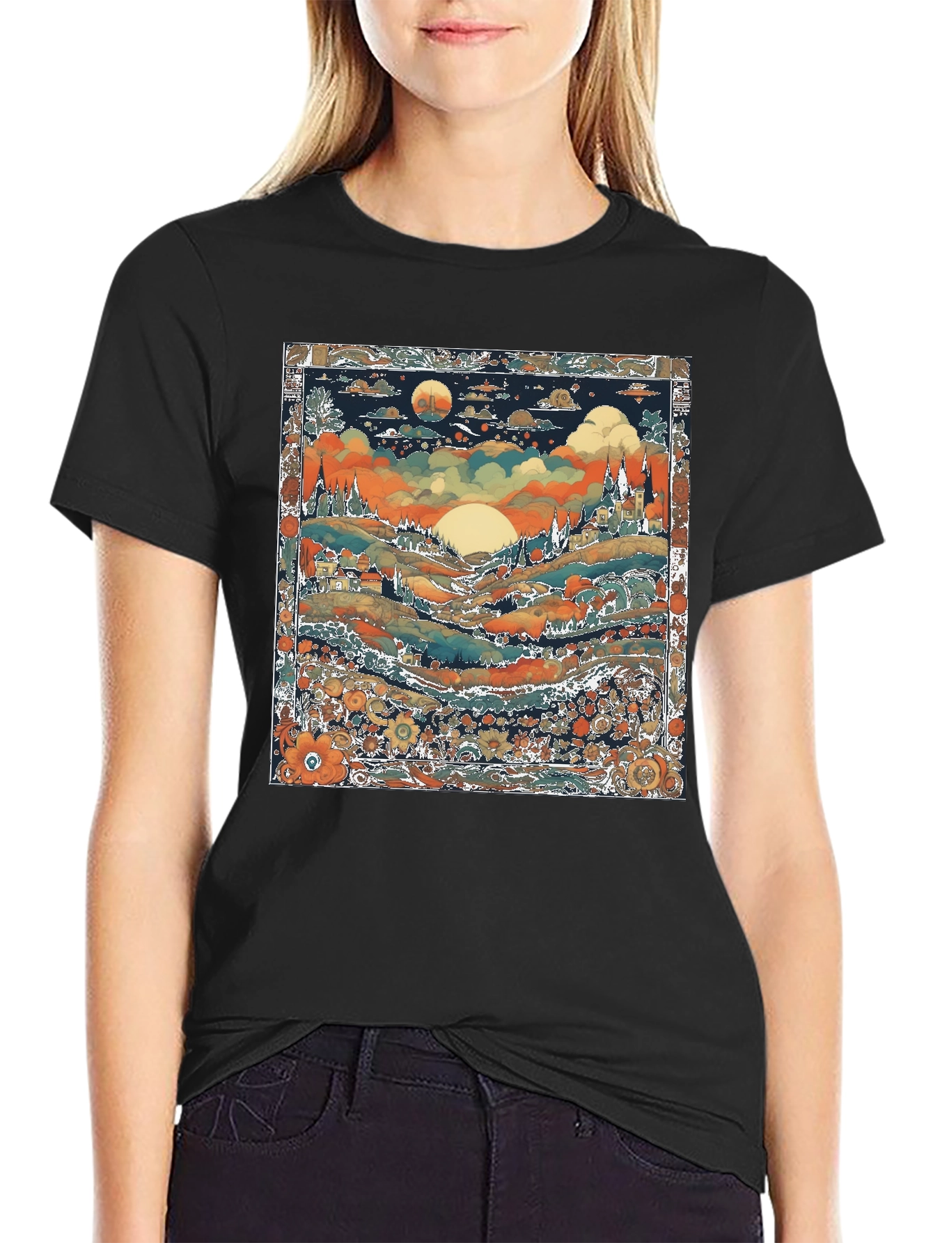Whimsical Landscape Graphic Tee - Black Cotton Blend