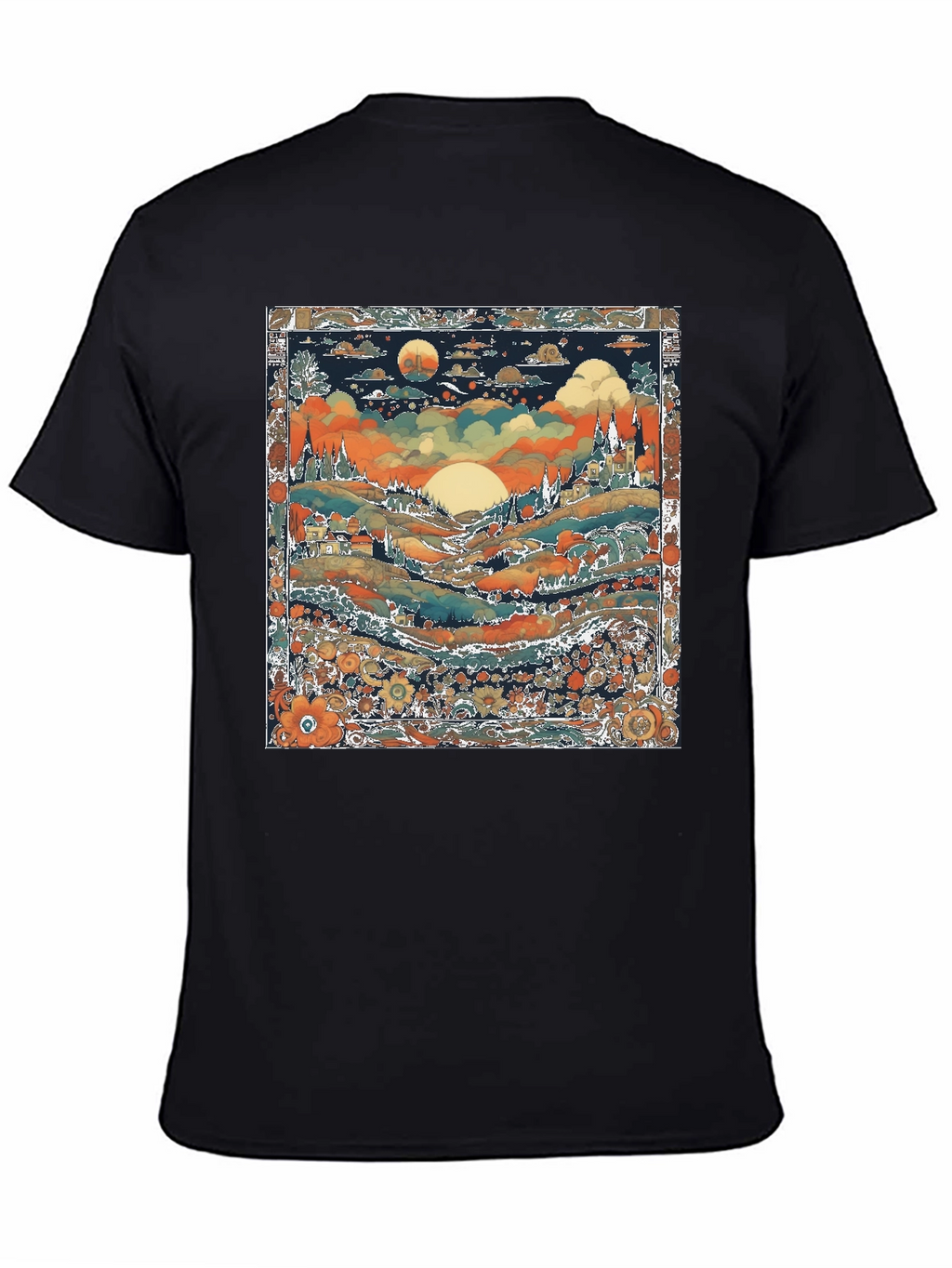 Whimsical Landscape Graphic Tee - Black Cotton Blend