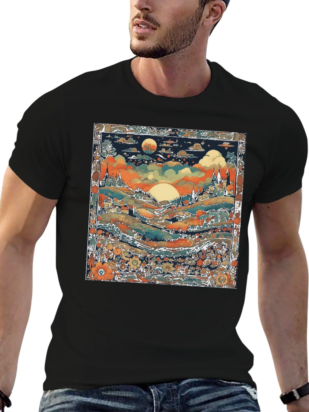 Whimsical Landscape Graphic Tee - Black Cotton Blend