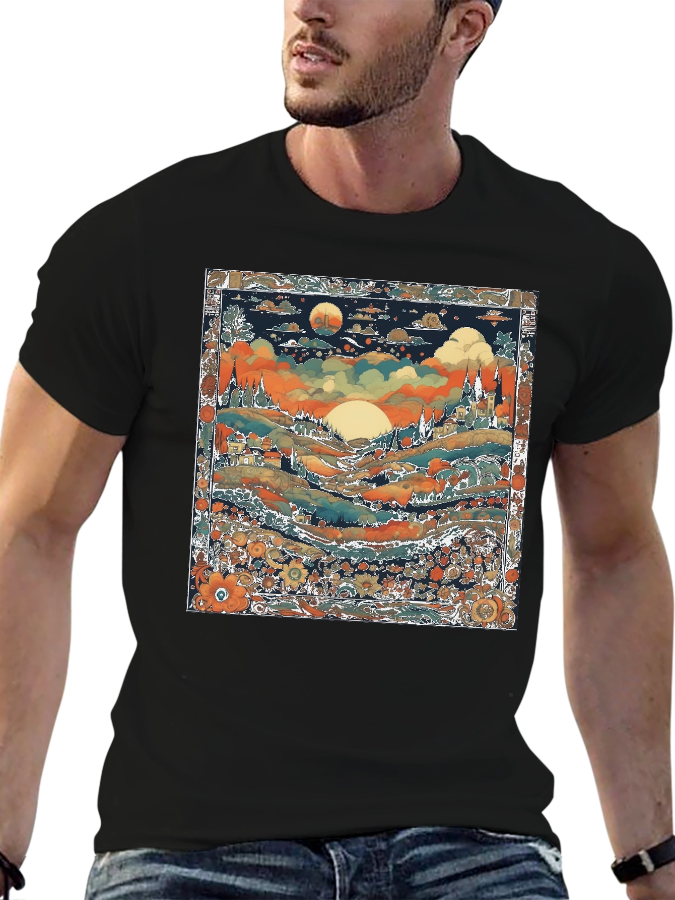 Whimsical Landscape Graphic Tee - Black Cotton Blend