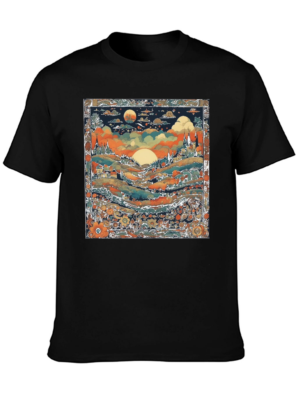 Whimsical Landscape Graphic Tee - Black Cotton Blend